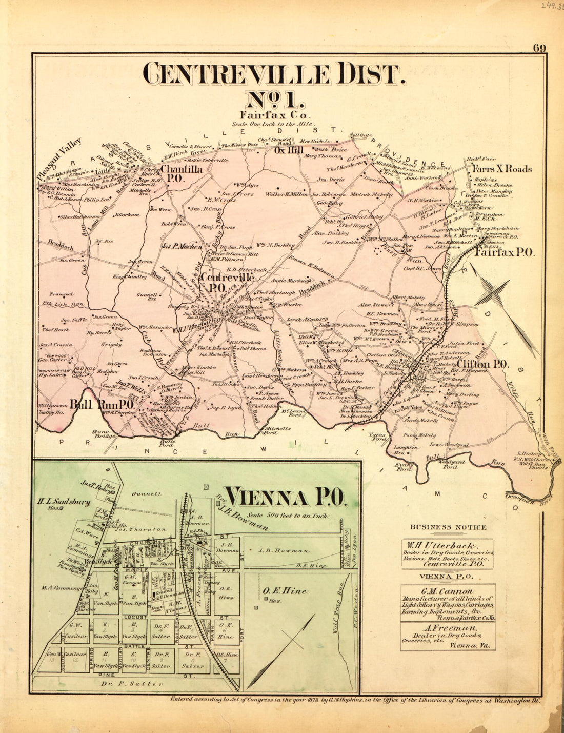 This old map of Centreville Dist. No. 1, Vienna P.O. from Atlas of Fifteen Miles Around Washington, Including the County of Montgomery, Maryland from 1879 was created by Griffith Morgan Hopkins in 1879