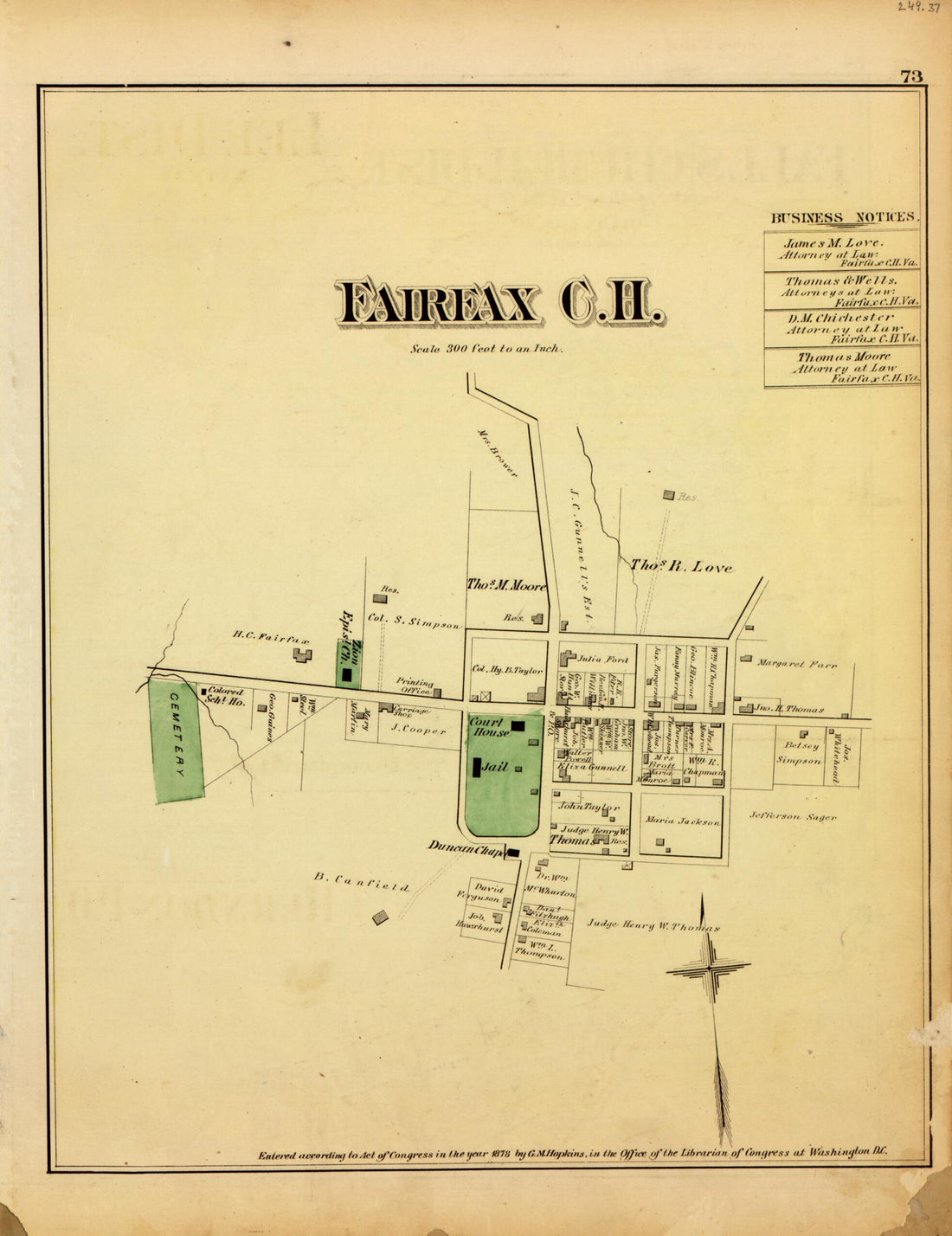This old map of Fairfax Courthouse from Atlas of Fifteen Miles Around Washington, Including the County of Montgomery, Maryland from 1879 was created by Griffith Morgan Hopkins in 1879