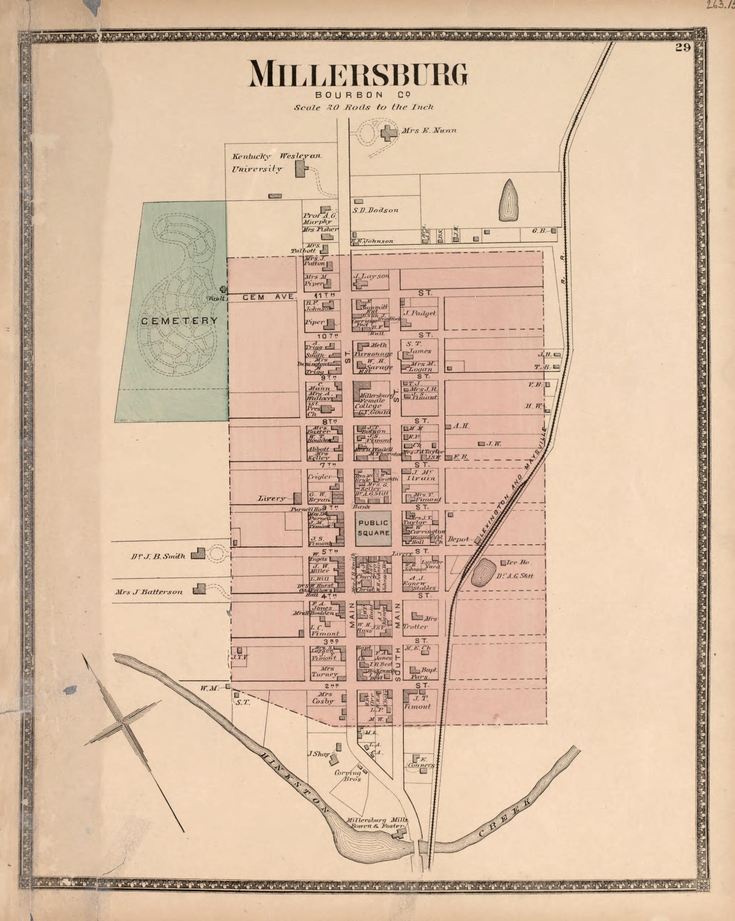 This old map of Millersburg from Atlas of Bourbon, Clark, Fayette, Jessamine and Woodford Counties, Kentucky from 1877 was created by  D.G. Beers &amp; Co in 1877