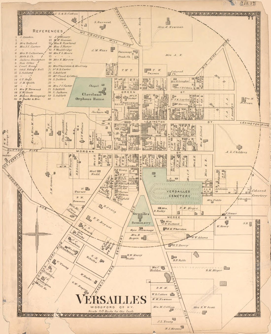 This old map of Versailles, Woodford Co. from Atlas of Bourbon, Clark, Fayette, Jessamine and Woodford Counties, Kentucky from 1877 was created by  D.G. Beers &amp; Co in 1877