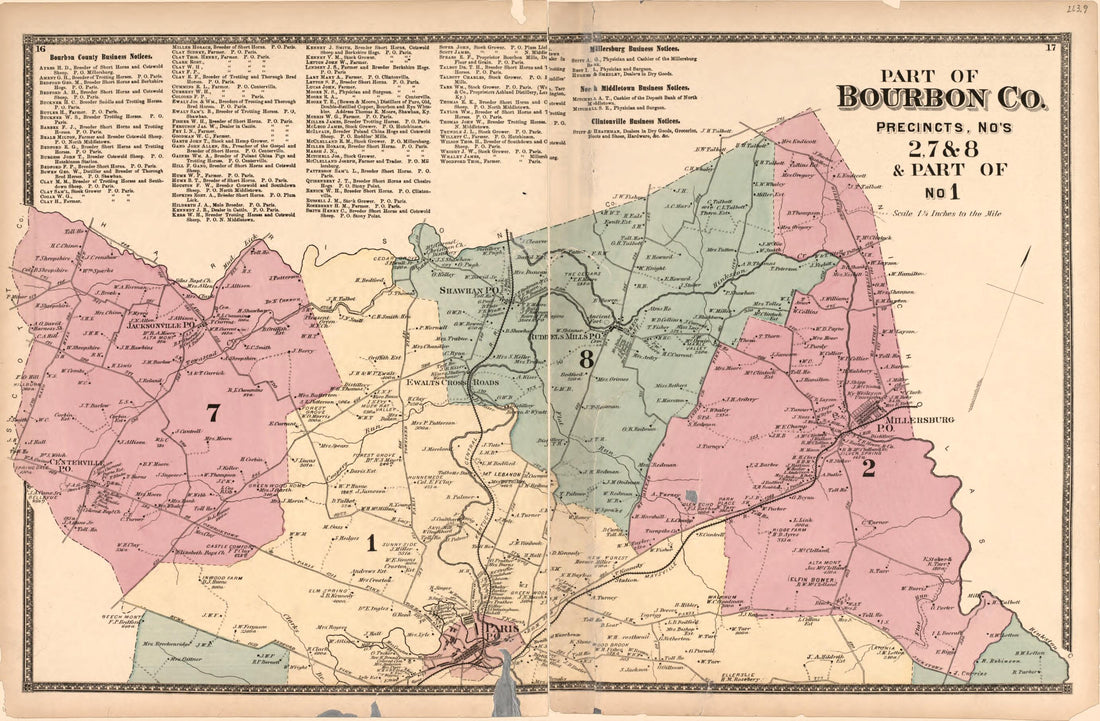 This old map of Part of Bourbon County - 1 from Atlas of Bourbon, Clark, Fayette, Jessamine and Woodford Counties, Kentucky from 1877 was created by  D.G. Beers &amp; Co in 1877