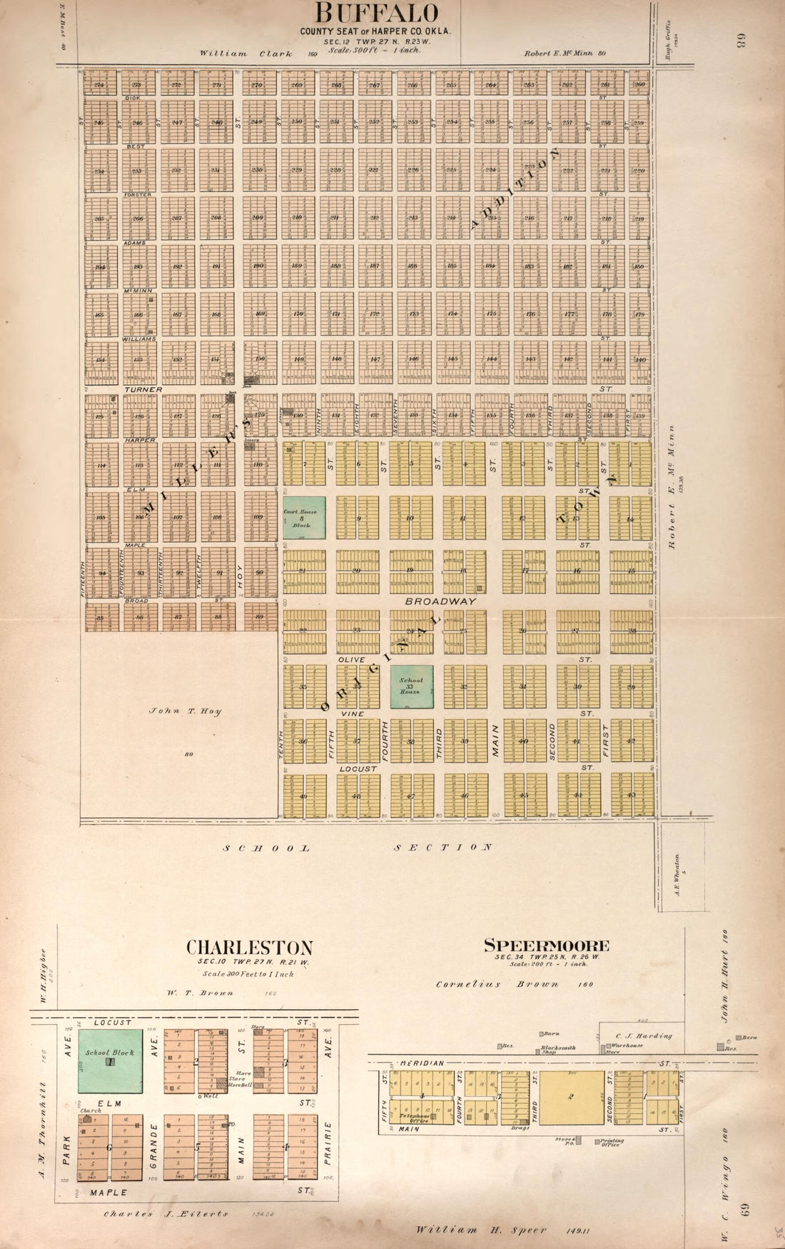 This old map of Buffalo, Charleston and  Speermoore from Plat Book of Harper County, Oklahoma from 1910 was created by Kan.) Western Publishing Co. (Ashland in 1910