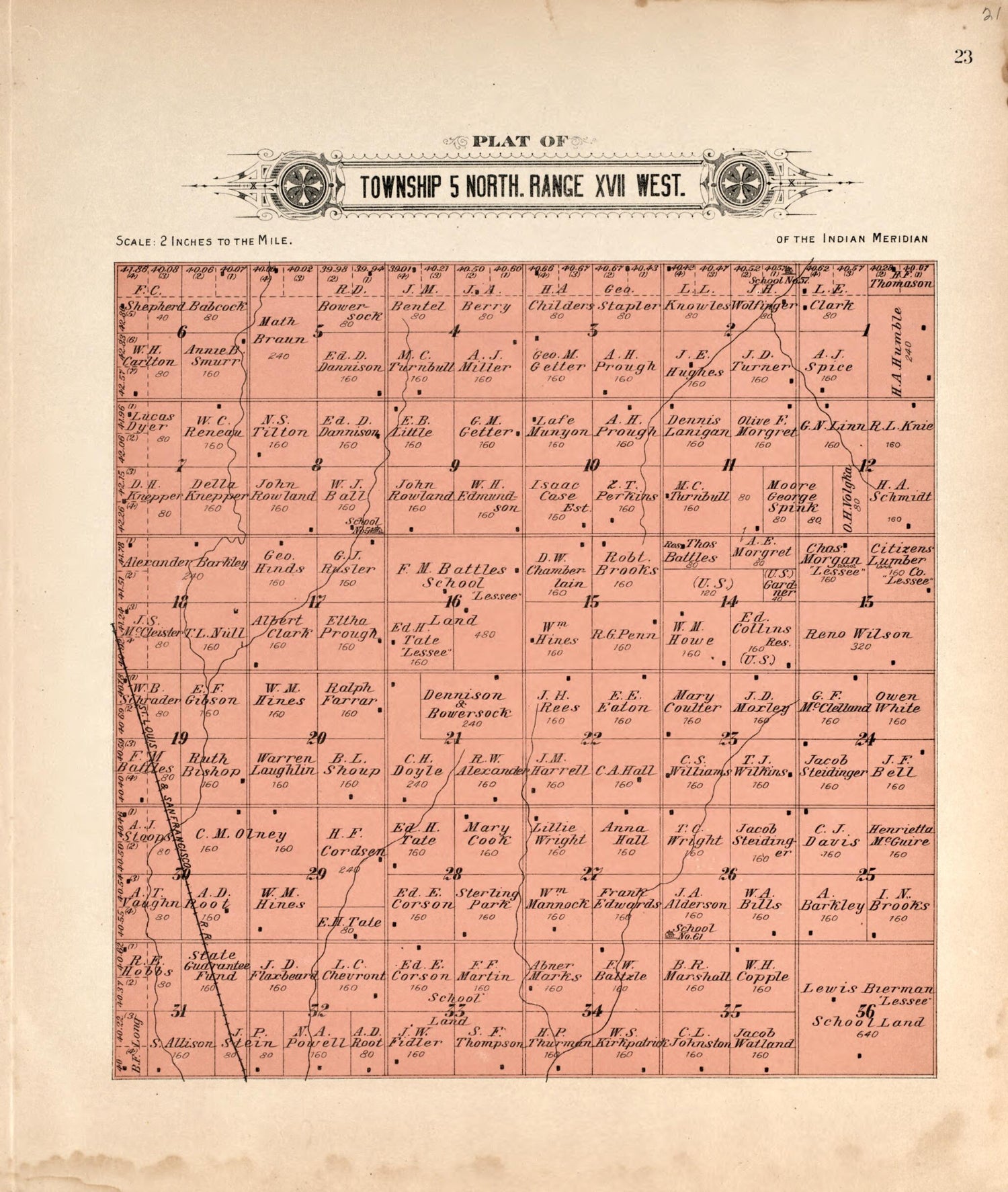 This old map of Township 5 North Range XVII West from Plat Book of Kiowa County, Oklahoma from 1913 was created by W. (William) Wangersheim in 1913