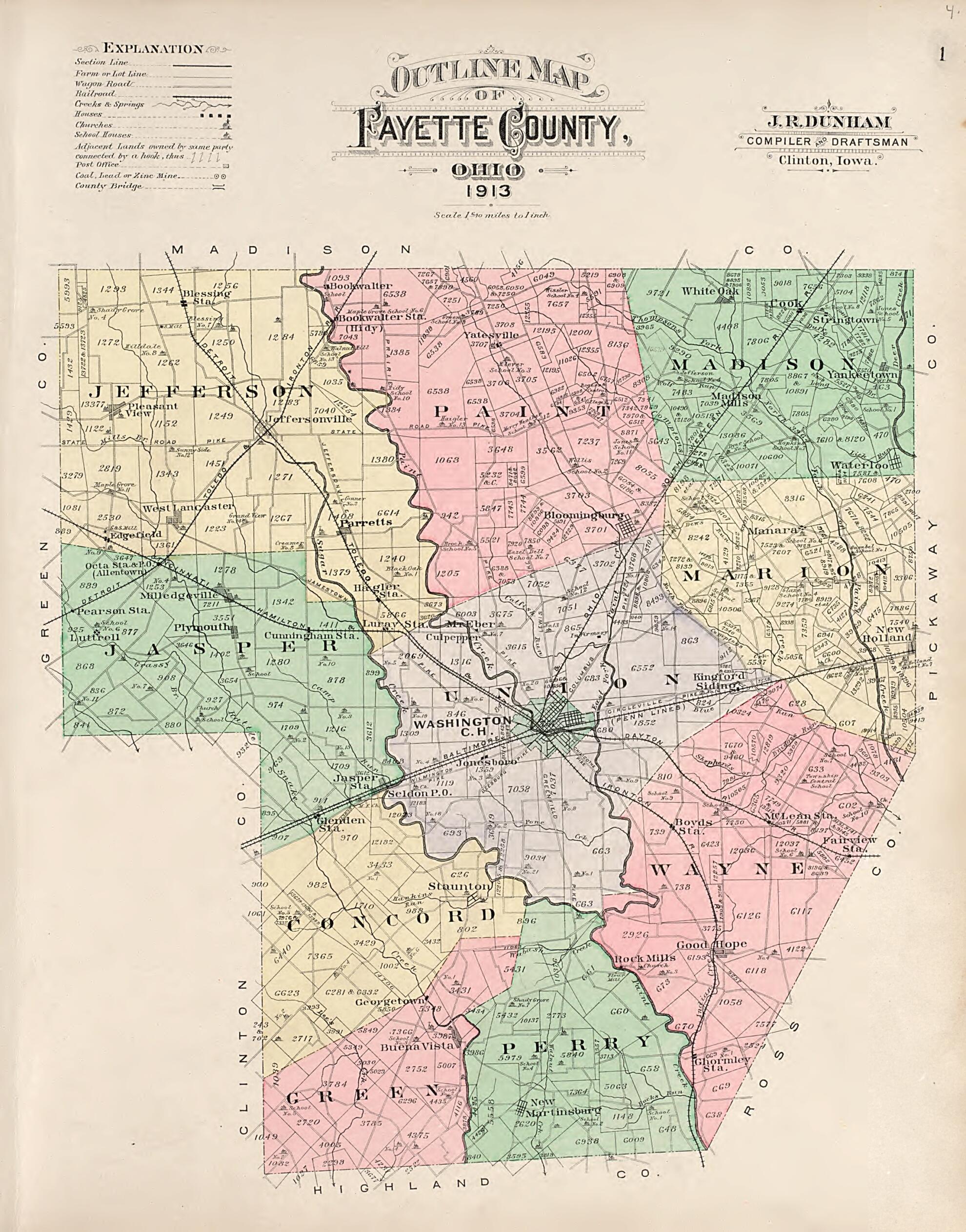 This old map of Outline Map of Fayette County, Ohio; from 1913 from Plat Book of Fayette County, Ohio from 1913 was created by Albert Volk in 1913