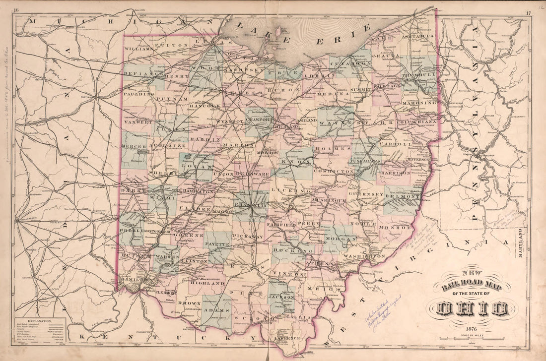 This old map of Railroad Map of Ohio from Centennial Atlas of Noble County, Ohio from 1876 was created by  Worley &amp; Bracher in 1876