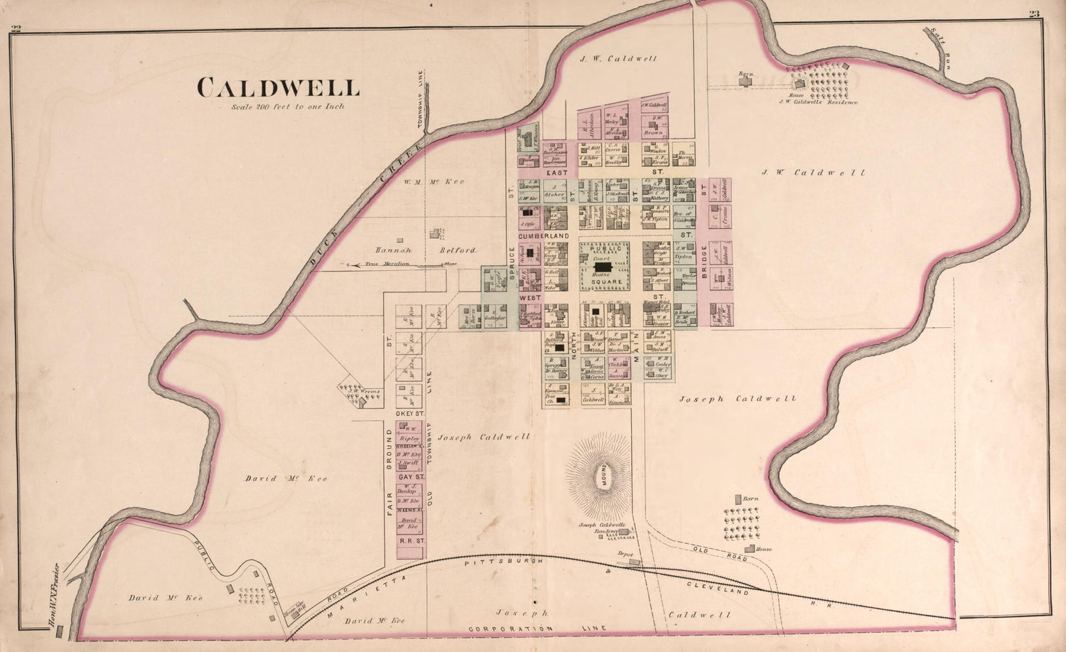 This old map of Caldwell from Centennial Atlas of Noble County, Ohio from 1876 was created by  Worley &amp; Bracher in 1876