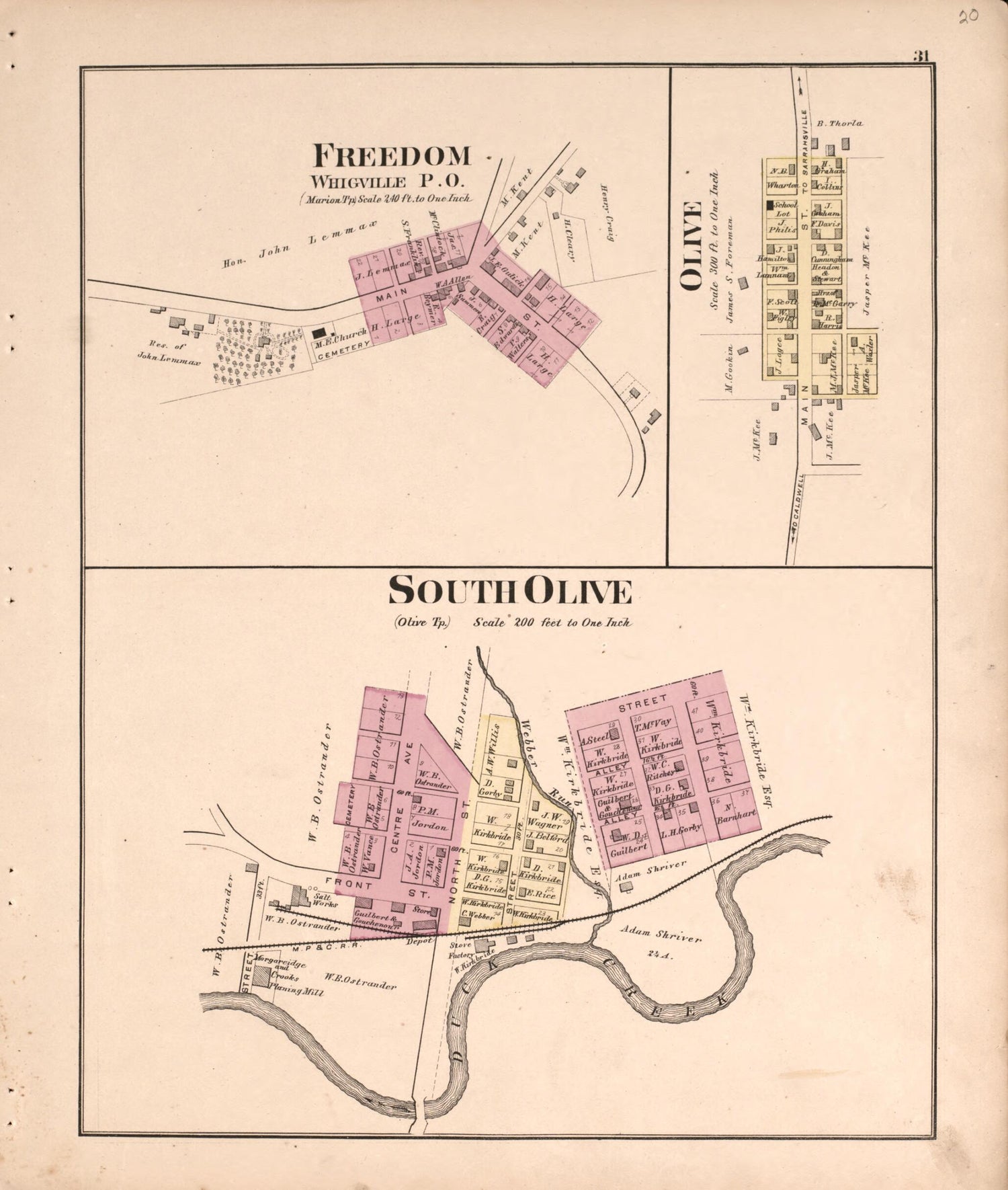 This old map of Freedom and Olive from Centennial Atlas of Noble County, Ohio from 1876 was created by  Worley &amp; Bracher in 1876