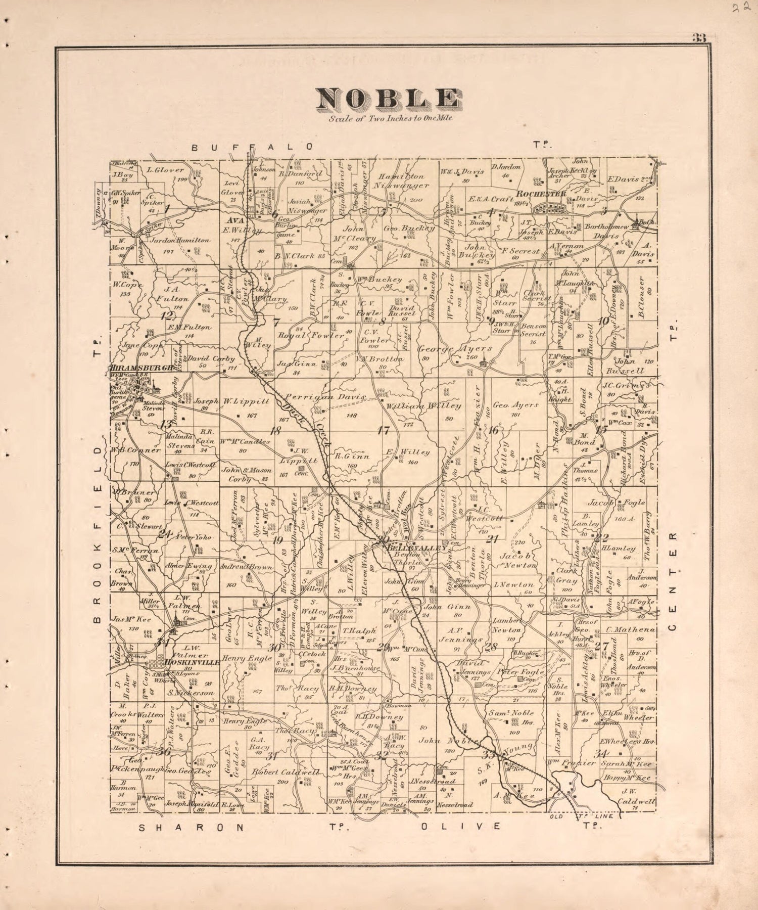 This old map of Hiramsburg, Rochester, Hoskinsville from Centennial Atlas of Noble County, Ohio from 1876 was created by  Worley &amp; Bracher in 1876