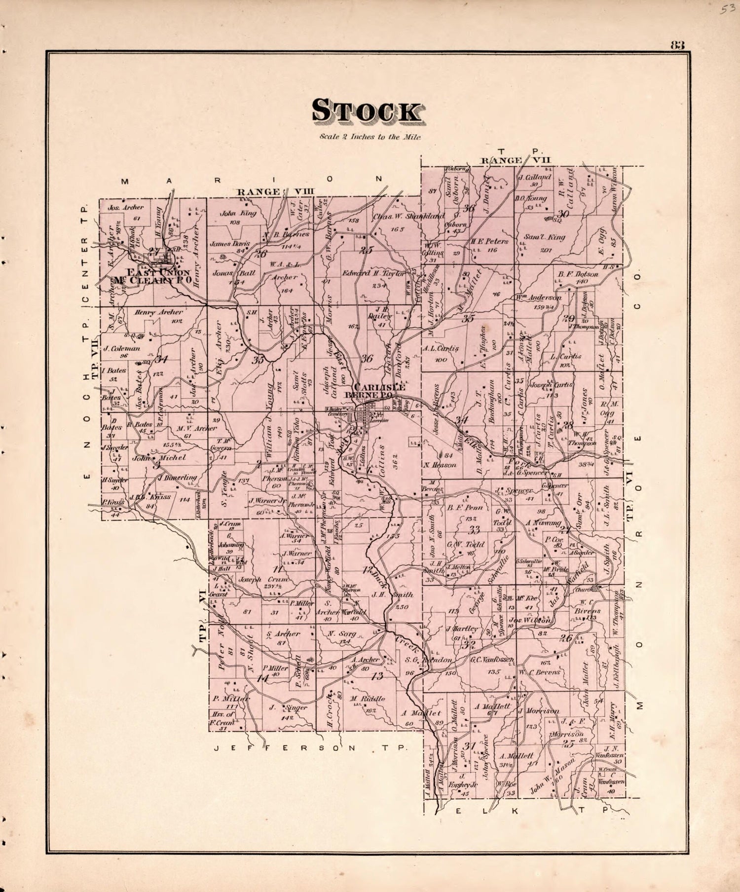 This old map of Stock from Centennial Atlas of Noble County, Ohio from 1876 was created by  Worley &amp; Bracher in 1876