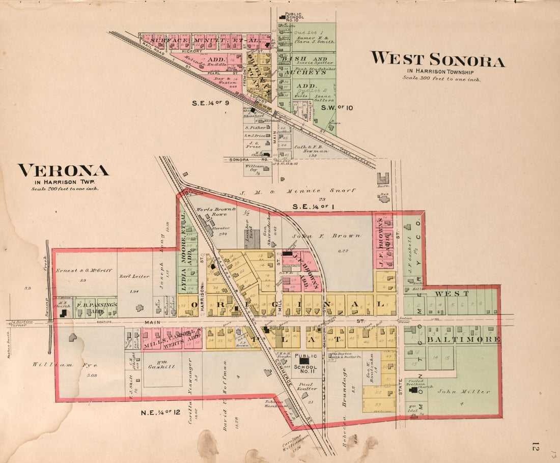This old map of Verona, West Sonora from Plat Book of Preble County, Ohio from 1912 was created by Albert Volk in 1912