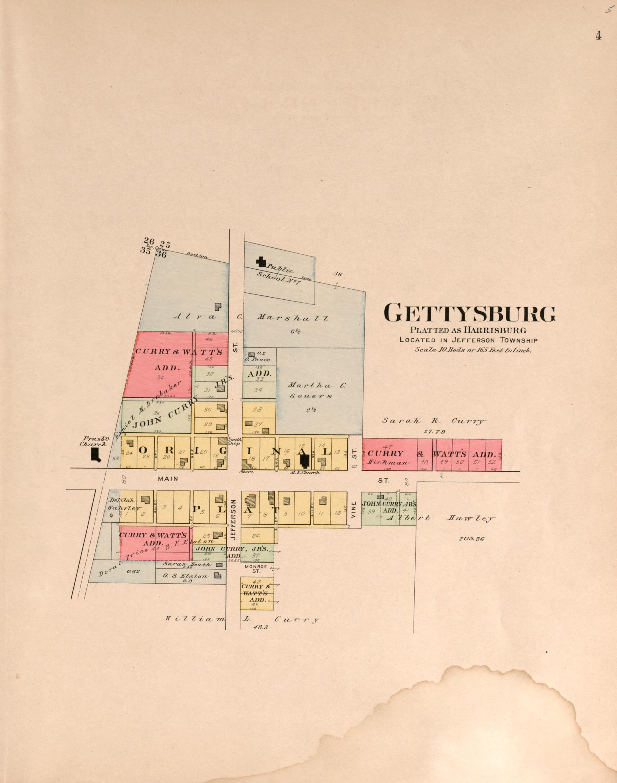 This old map of Gettysburg from Plat Book of Preble County, Ohio from 1912 was created by Albert Volk in 1912