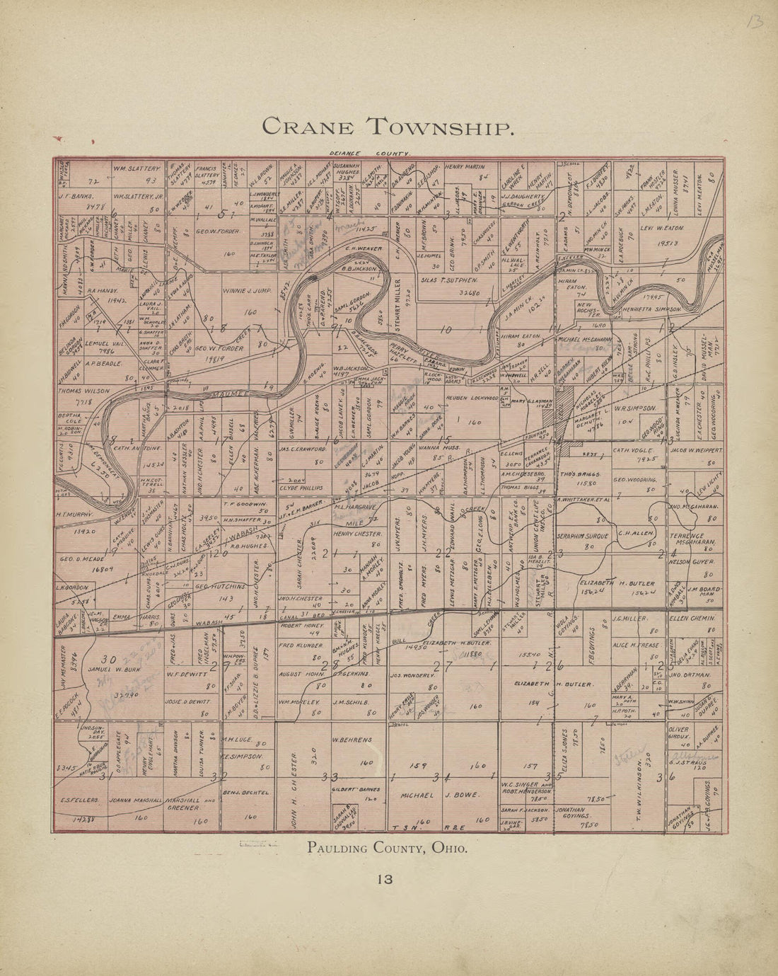 This old map of Crane Township from Paulding County Atlas and Directory from 1905 was created by O. (Oliver) Morrow in 1905