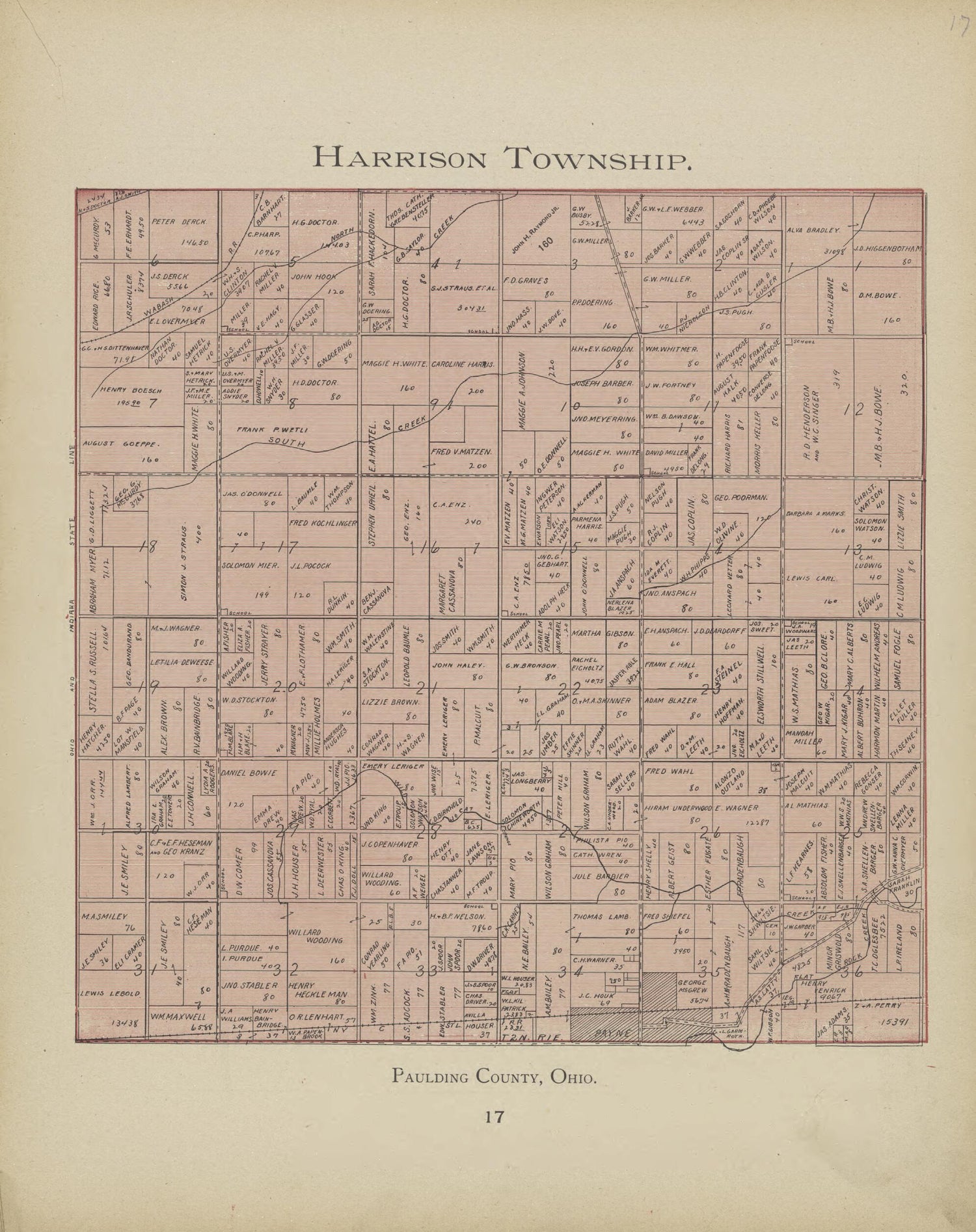 This old map of Harrison Township from Paulding County Atlas and Directory from 1905 was created by O. (Oliver) Morrow in 1905