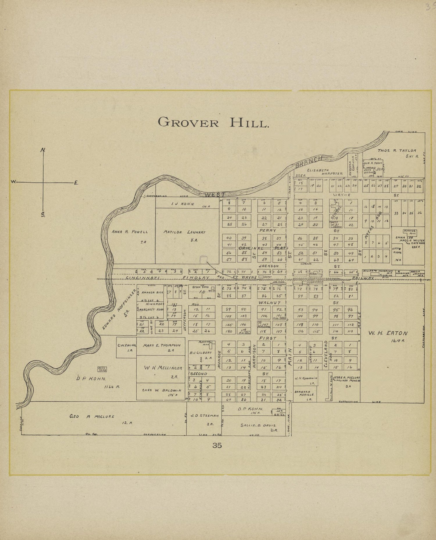 This old map of Grover Hill from Paulding County Atlas and Directory from 1905 was created by O. (Oliver) Morrow in 1905