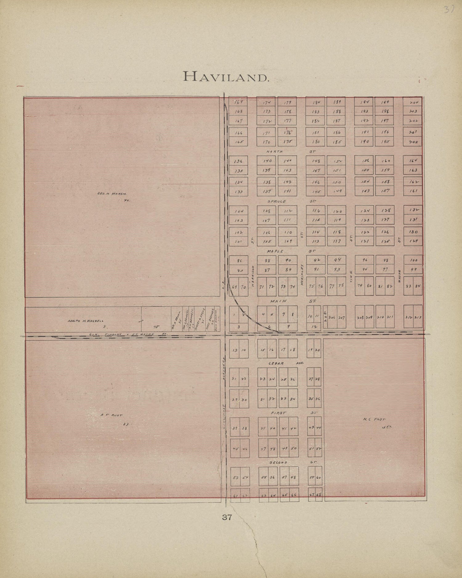 This old map of Haviland from Paulding County Atlas and Directory from 1905 was created by O. (Oliver) Morrow in 1905
