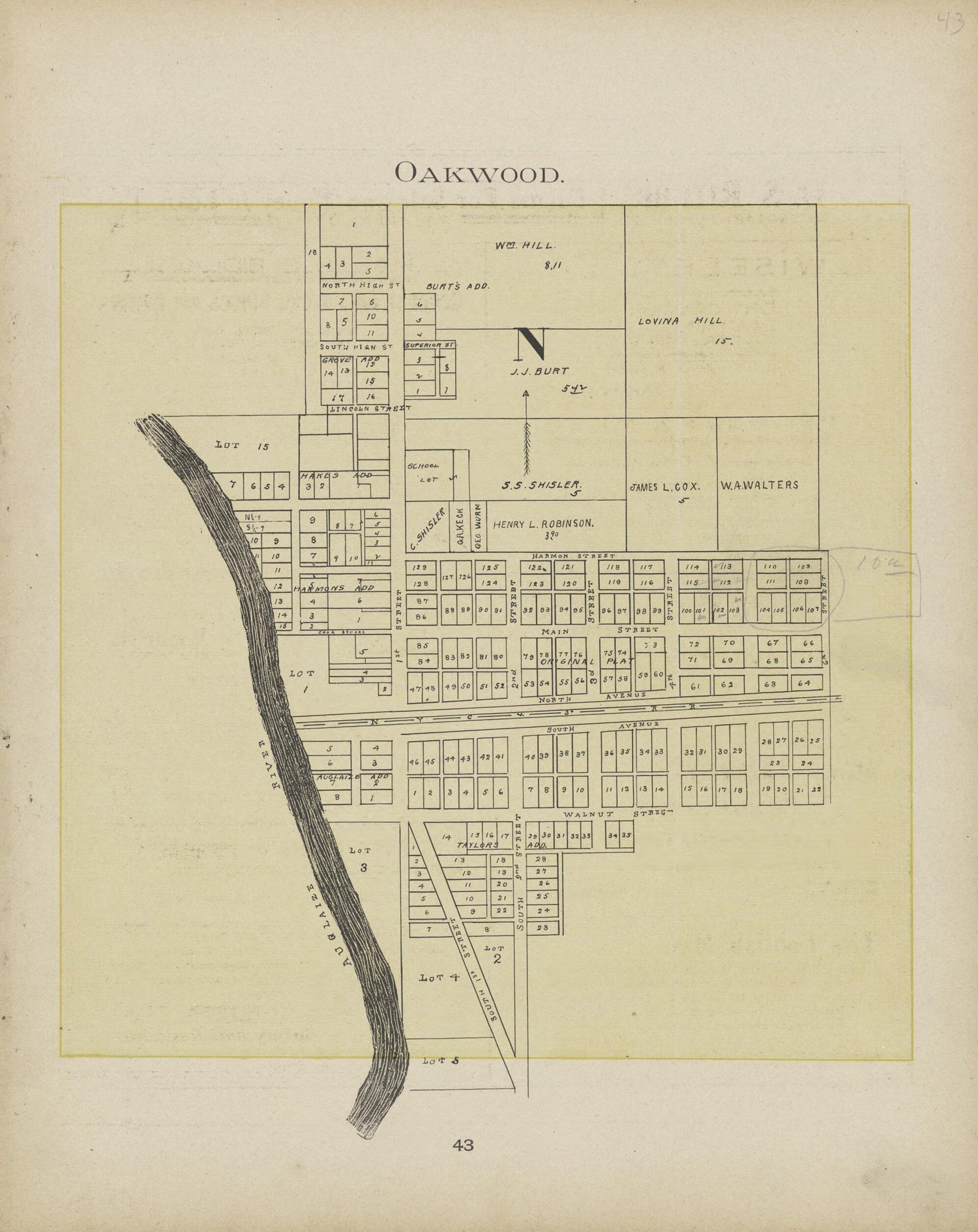 This old map of Oakwood from Paulding County Atlas and Directory from 1905 was created by O. (Oliver) Morrow in 1905