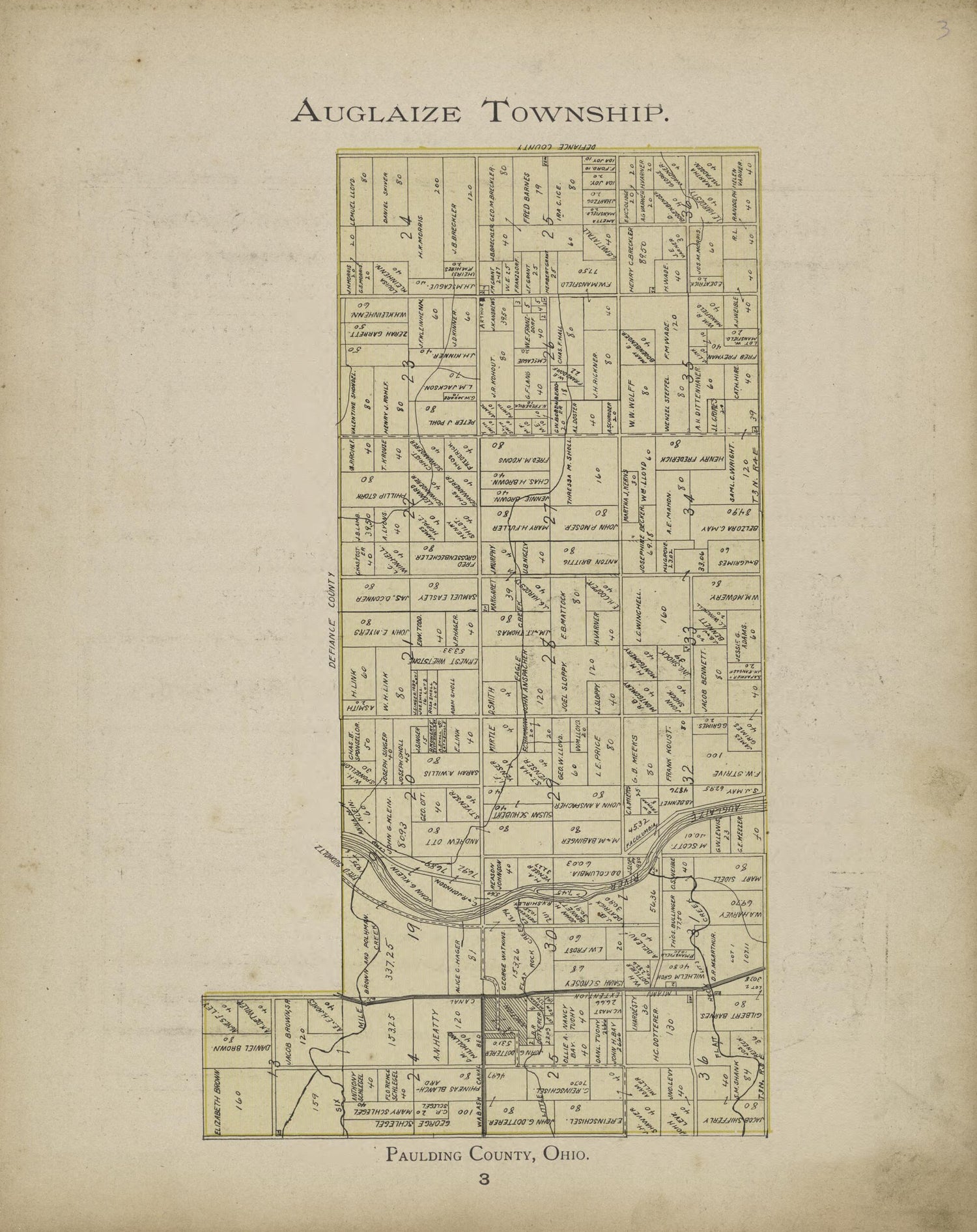 This old map of Auglaize Township from Paulding County Atlas and Directory from 1905 was created by O. (Oliver) Morrow in 1905