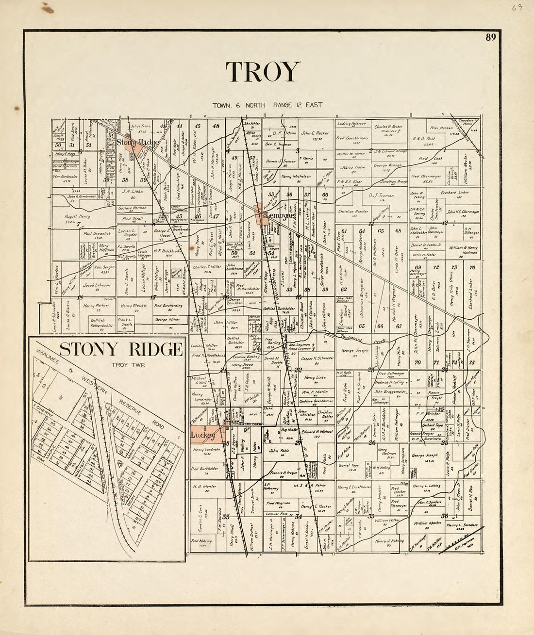 This old map of Troy; Stony Ridge from an Atlas of Wood County, Ohio from 1912 was created by  Maumee Valley Map Co in 1912