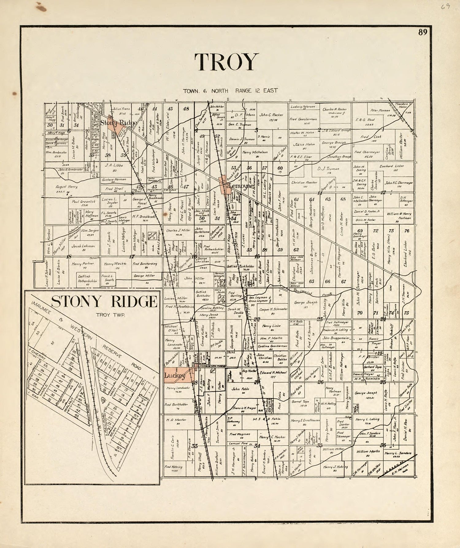 This old map of Troy; Stony Ridge from an Atlas of Wood County, Ohio from 1912 was created by  Maumee Valley Map Co in 1912