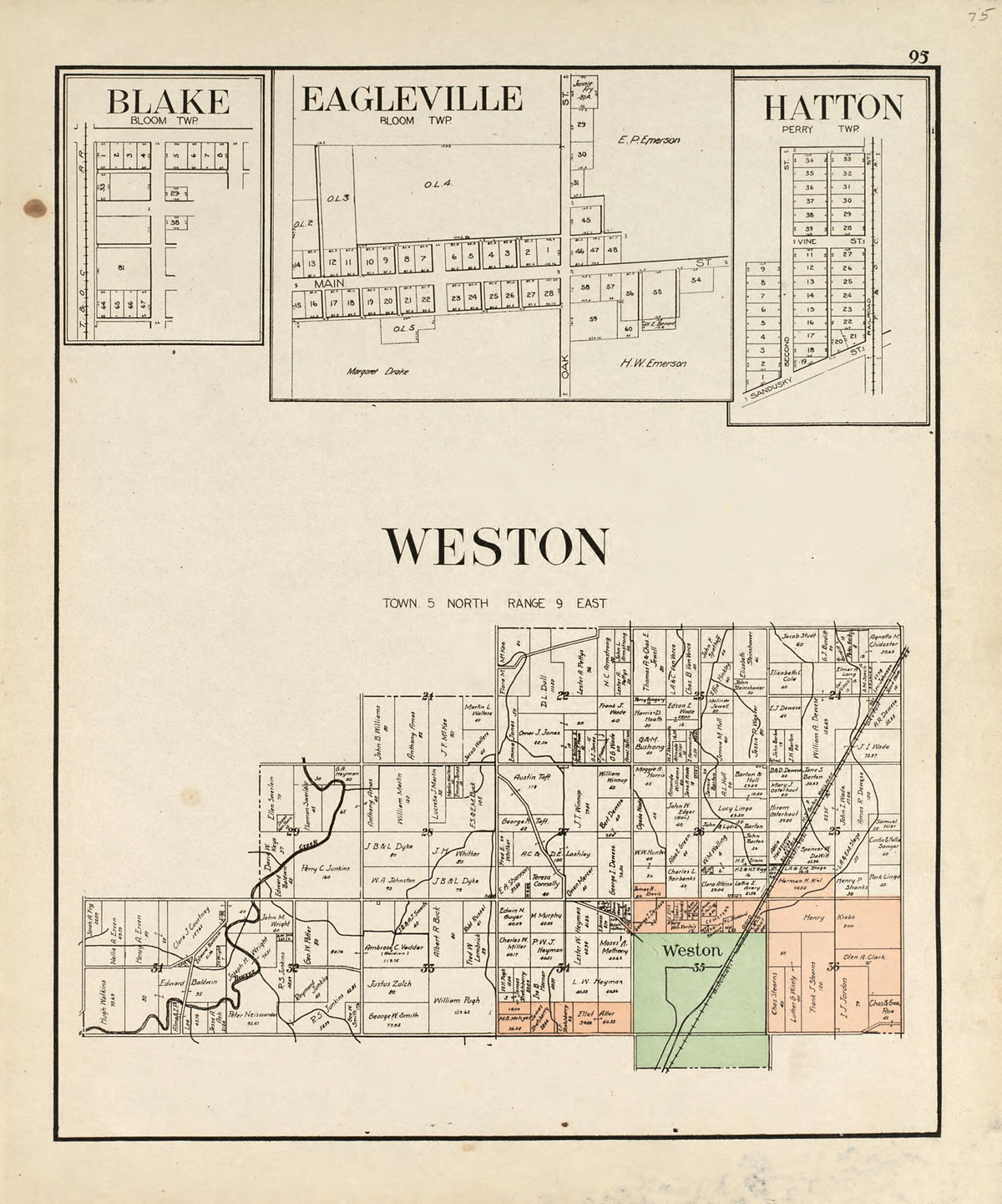 Blake; Eagleville; Hatton; Weston from an Atlas of Wood County, Ohio 1912 by Relic Map Company