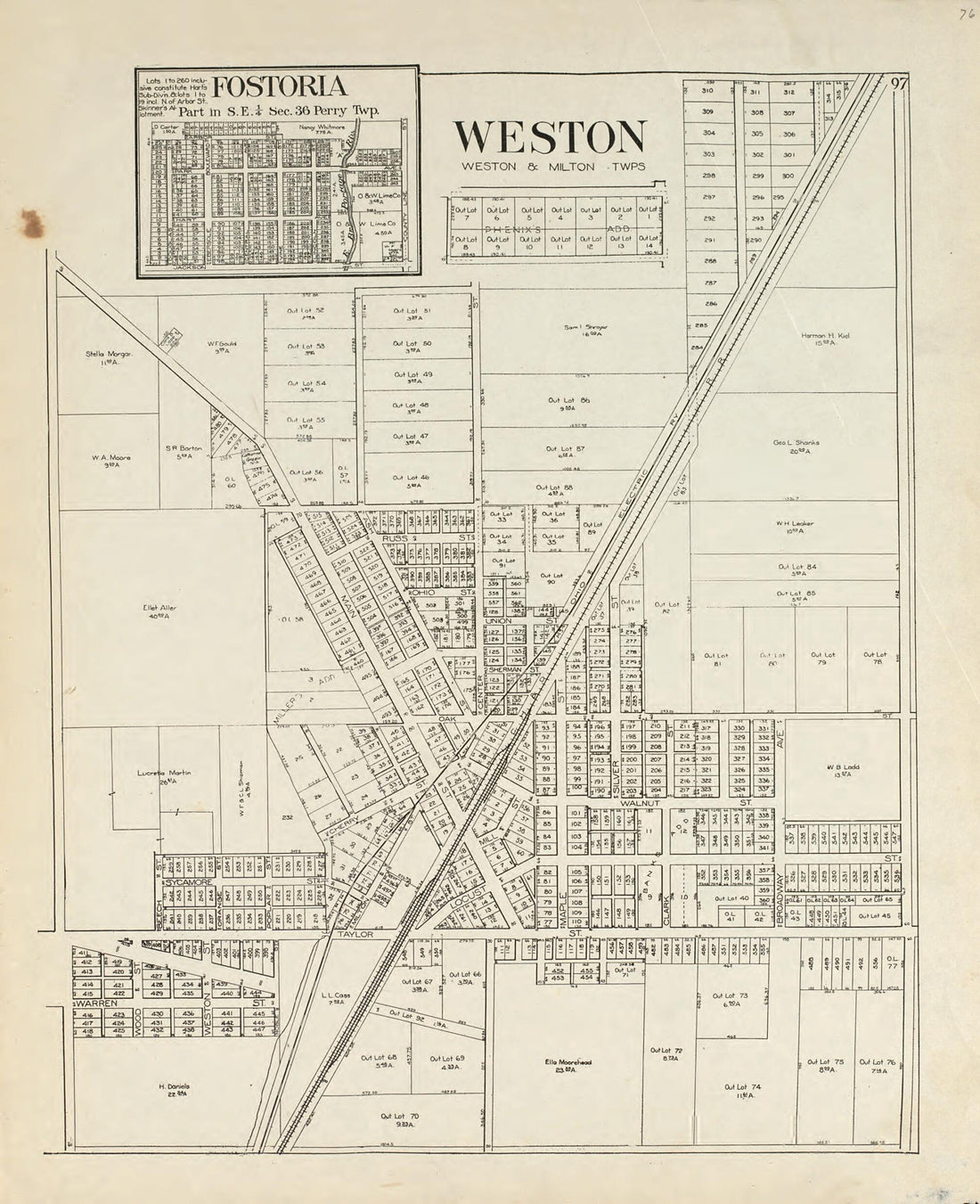 This old map of Fostoria; Weston from an Atlas of Wood County, Ohio from 1912 was created by  Maumee Valley Map Co in 1912