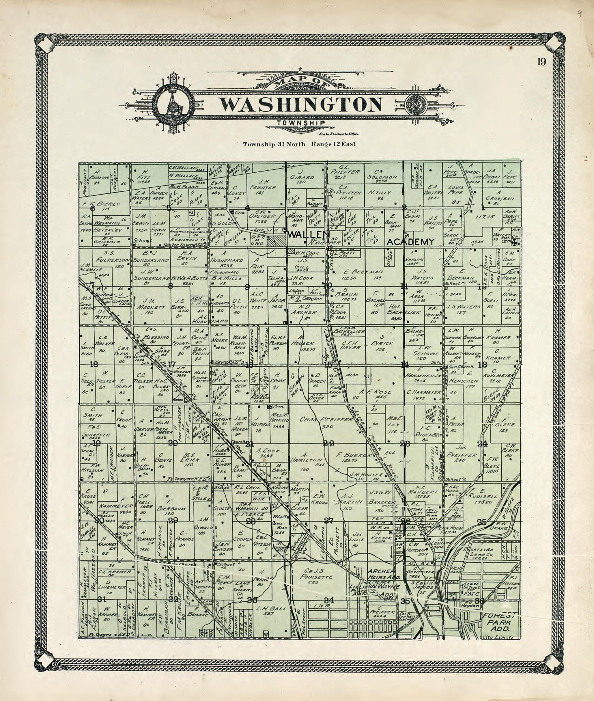 This old map of Map of Washington Township from Plat Book of Allen County, Indiana. from 1907 was created by  Allen County Map Co in 1907