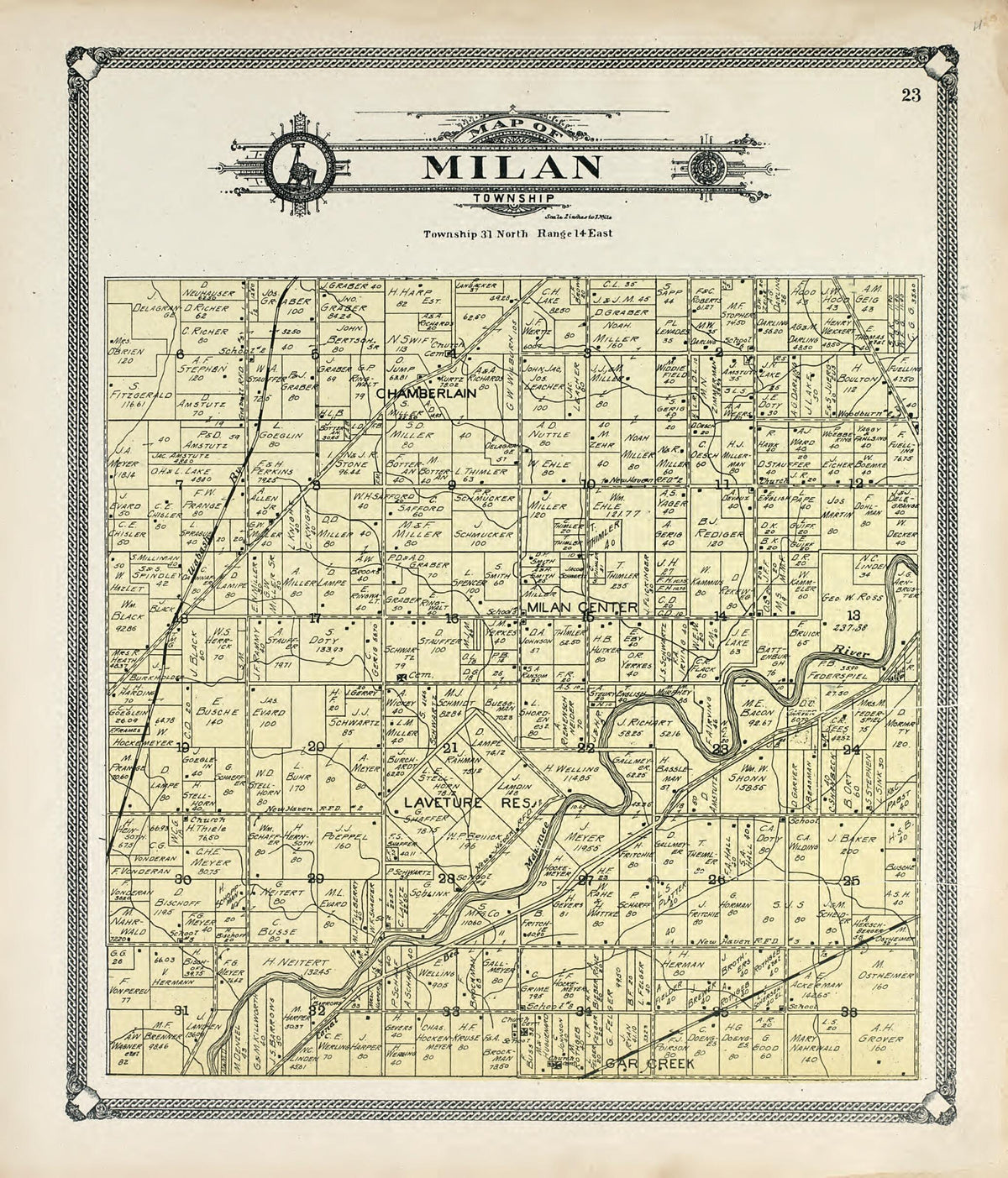 Map of Milan Township from Plat Book of Allen County, Indiana. 1907 by Relic Map Company