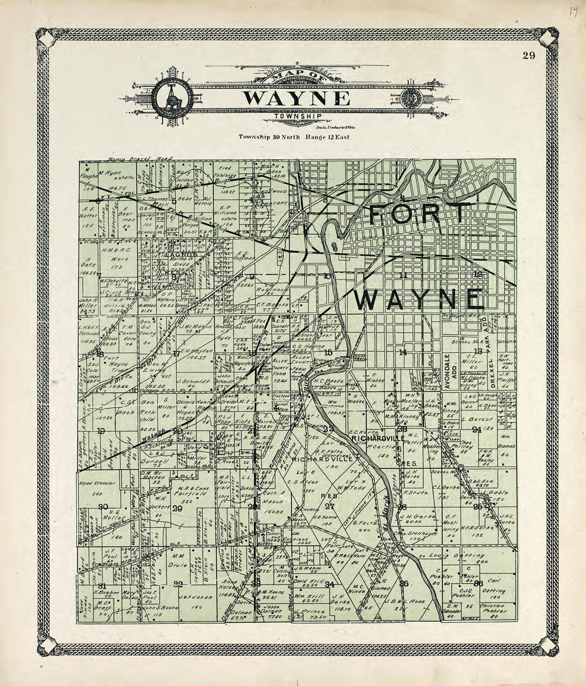 Map of Wayne Township from Plat Book of Allen County, Indiana. 1907 by Relic Map Company