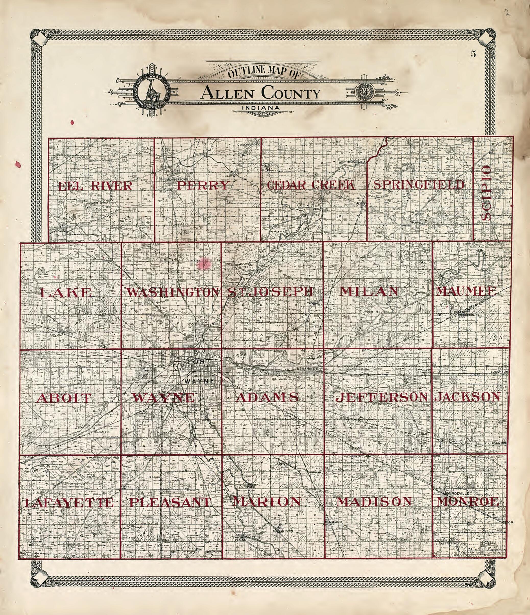 This old map of Outline Map of Allen County, Indiana from Plat Book of Allen County, Indiana. from 1907 was created by  Allen County Map Co in 1907