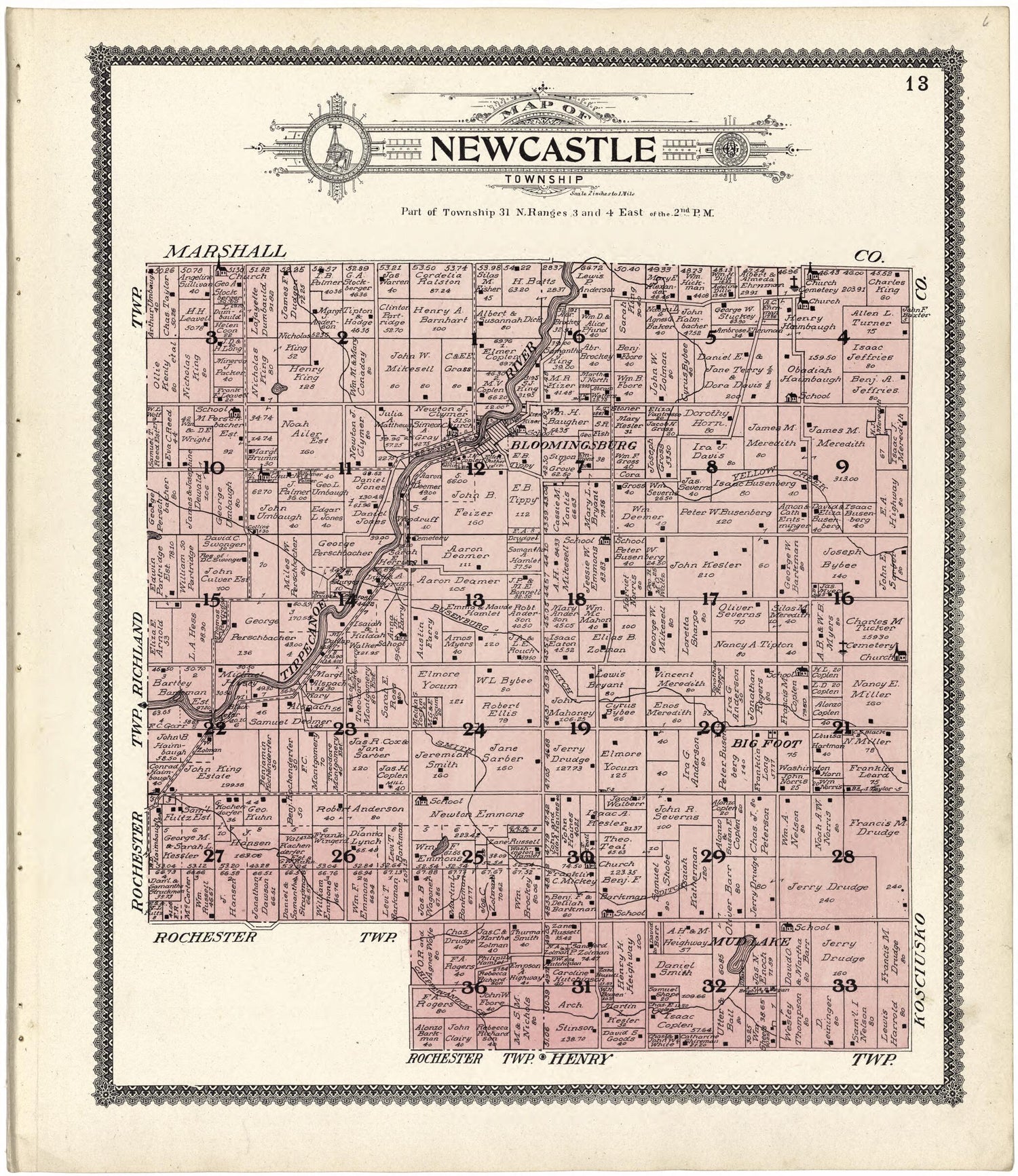 This old map of Map of Newcastle Township from Standard Atlas of Fulton County, Indiana from 1907 was created by  Geo. A. Ogle &amp; Co in 1907