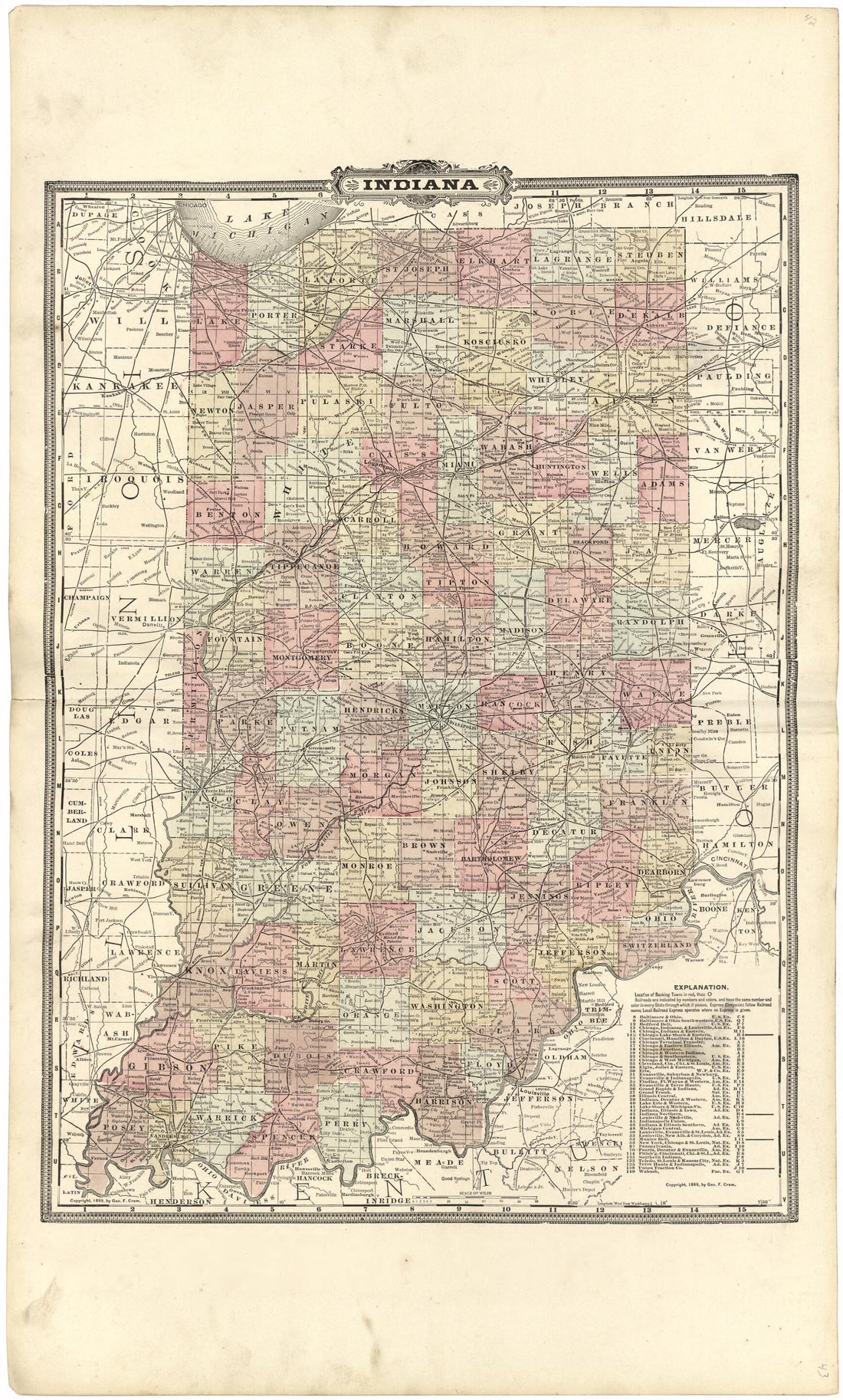 This old map of Indiana from Atlas of Gibson County from 1899 was created by S. Wangersheim in 1899