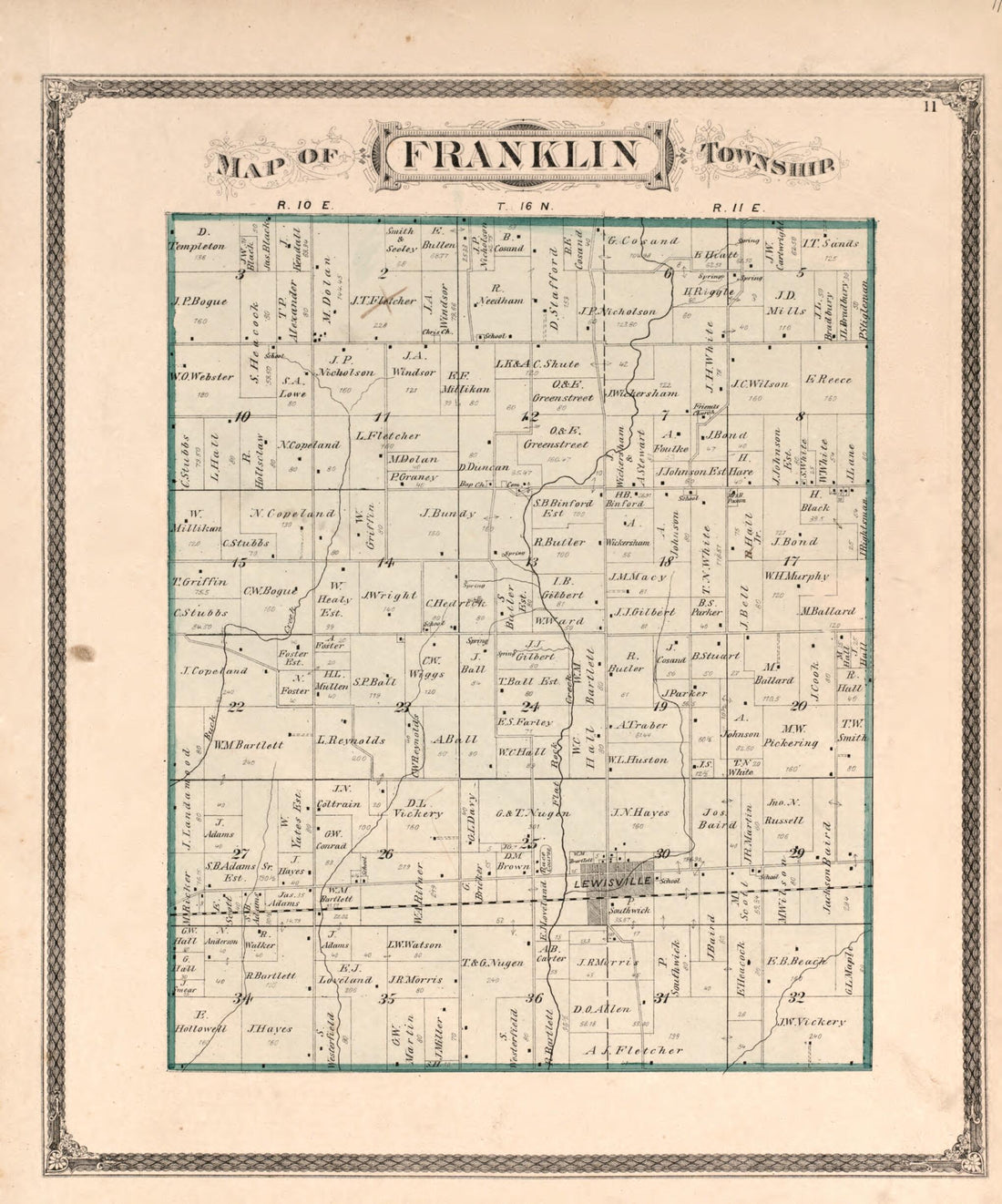 This old map of Franklin Township from Illustrated Historical Atlas of Henry County, Indiana from 1875 was created by Belden &amp; Company Higgins in 1875