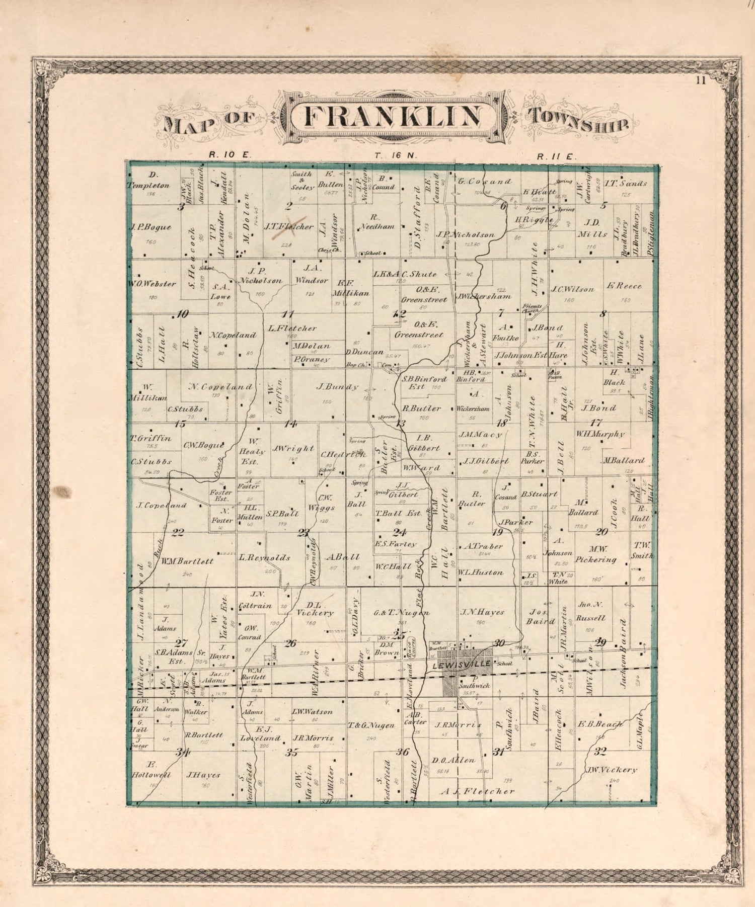 This old map of Franklin Township from Illustrated Historical Atlas of Henry County, Indiana from 1875 was created by Belden &amp; Company Higgins in 1875