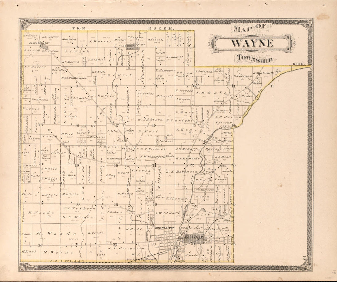 This old map of Wayne Township from Illustrated Historical Atlas of Henry County, Indiana from 1875 was created by Belden &amp; Company Higgins in 1875