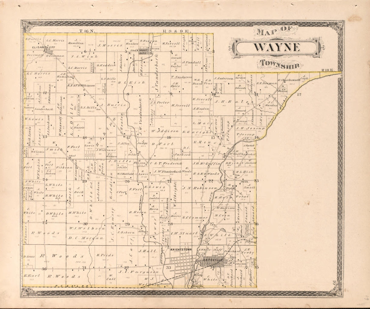This old map of Wayne Township from Illustrated Historical Atlas of Henry County, Indiana from 1875 was created by Belden &amp; Company Higgins in 1875