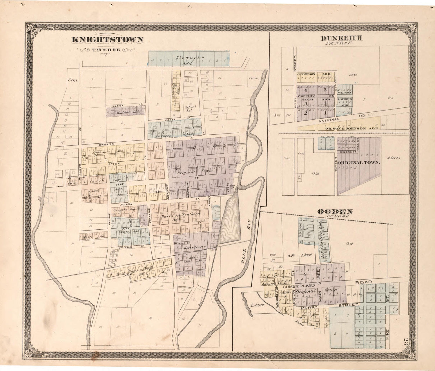 This old map of Knightstown, Dunreith, Ogden from Illustrated Historical Atlas of Henry County, Indiana from 1875 was created by Belden &amp; Company Higgins in 1875