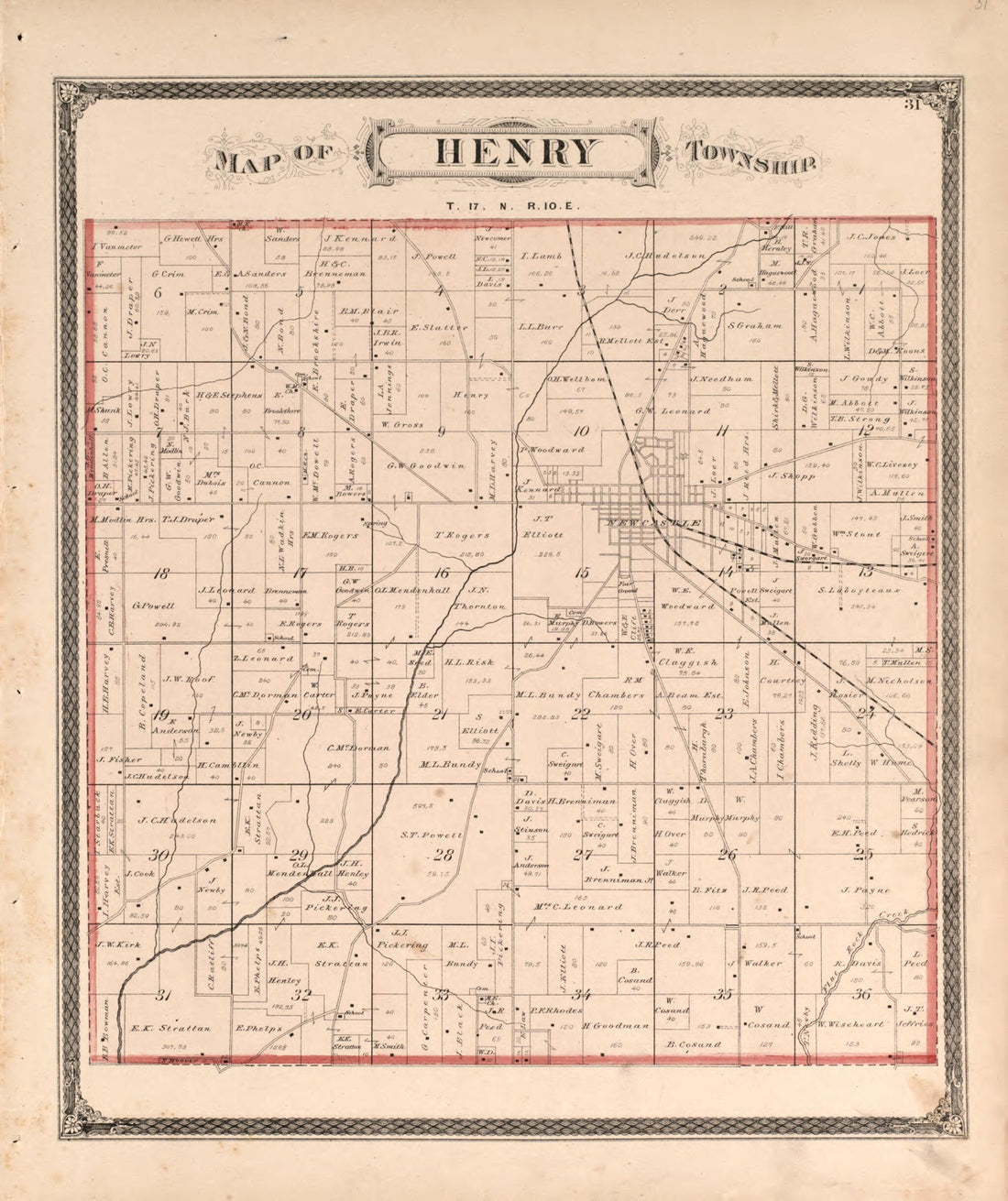 This old map of Henry Township from Illustrated Historical Atlas of Henry County, Indiana from 1875 was created by Belden &amp; Company Higgins in 1875