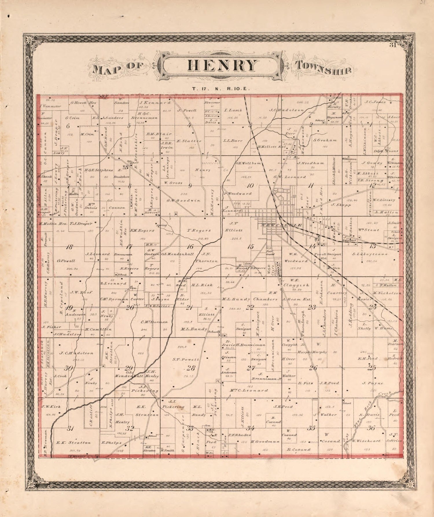 This old map of Henry Township from Illustrated Historical Atlas of Henry County, Indiana from 1875 was created by Belden &amp; Company Higgins in 1875
