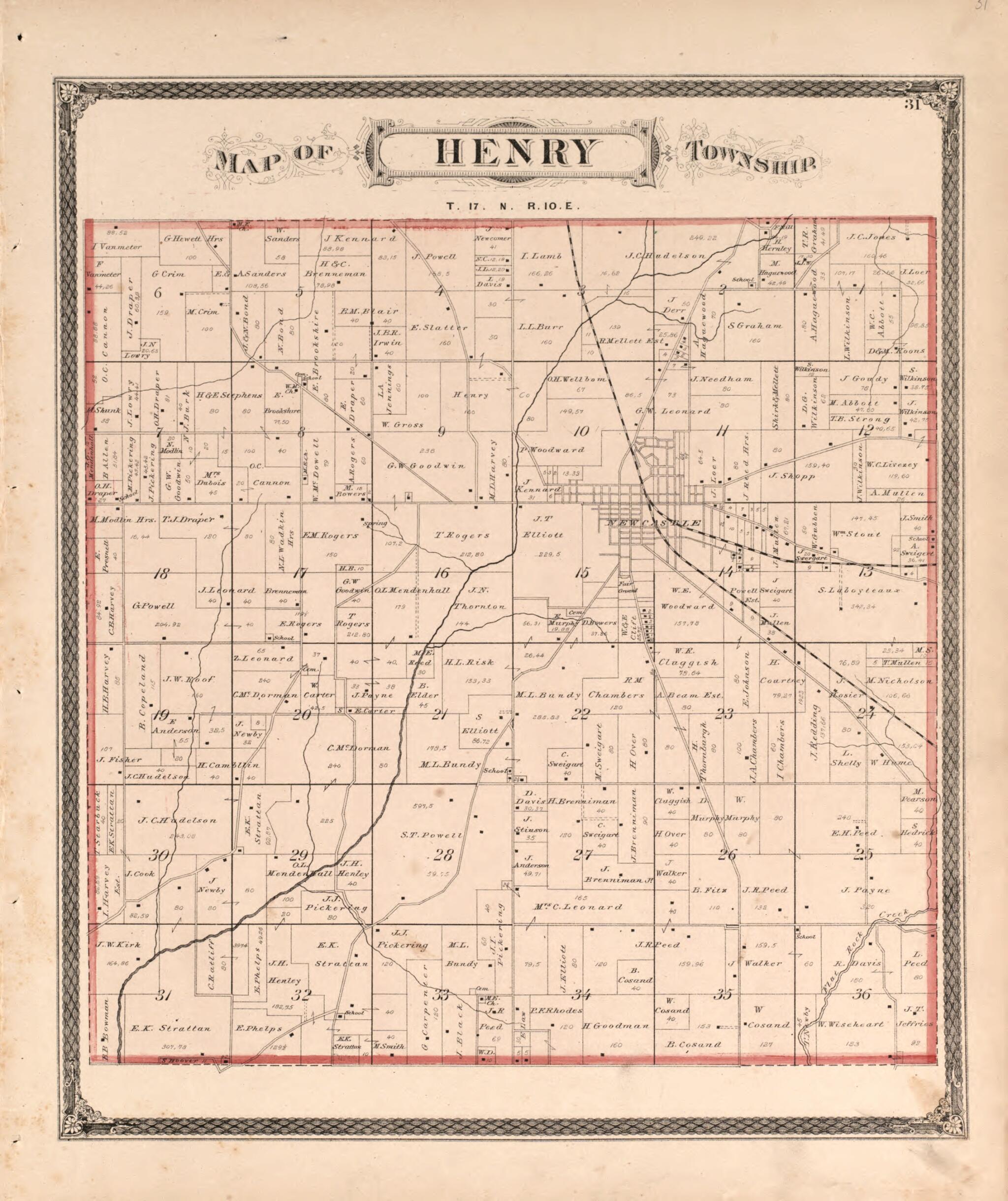 This old map of Henry Township from Illustrated Historical Atlas of Henry County, Indiana from 1875 was created by Belden &amp; Company Higgins in 1875