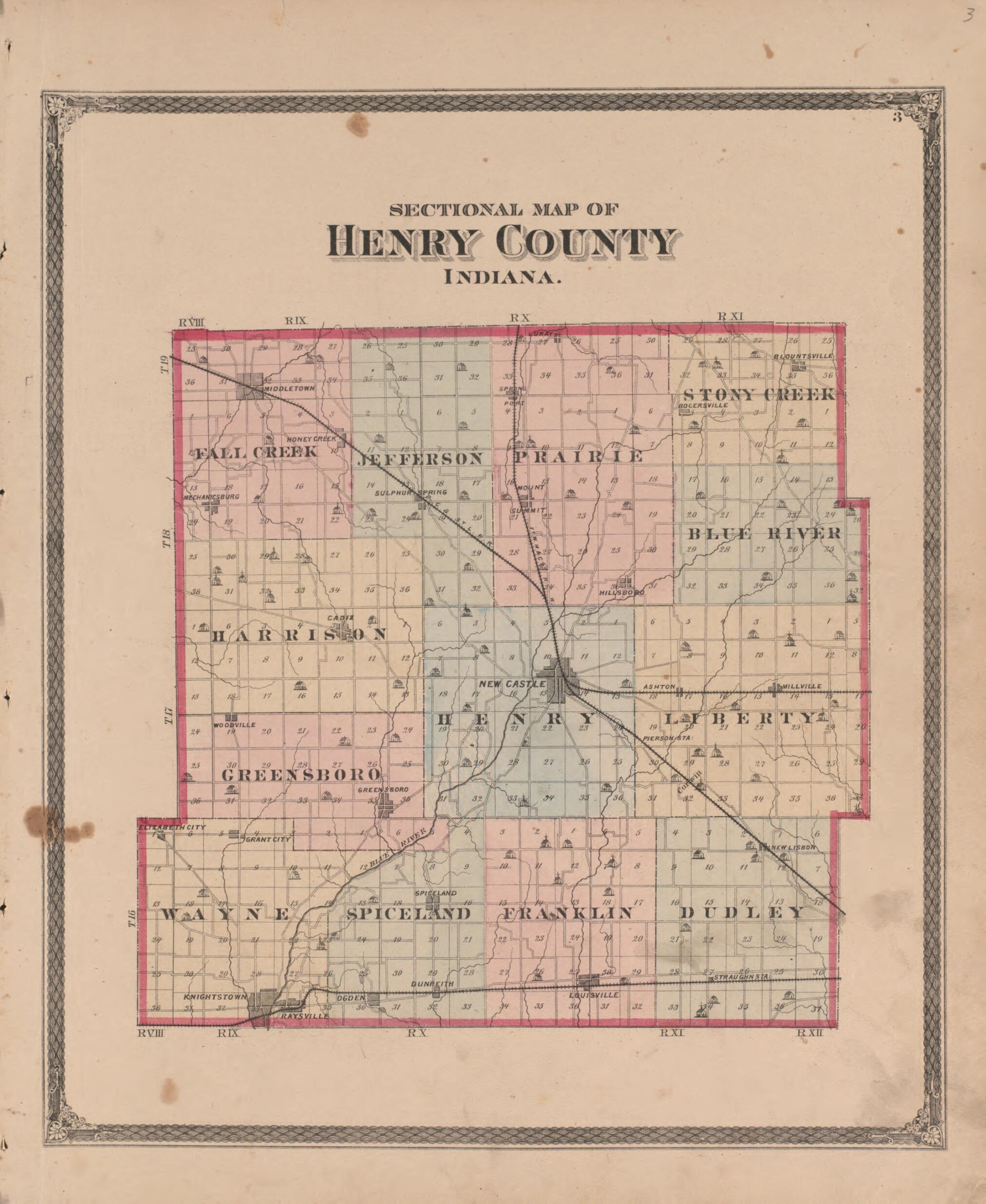 This old map of Sectional Map of Henry County, Indiana from Illustrated Historical Atlas of Henry County, Indiana from 1875 was created by Belden &amp; Company Higgins in 1875