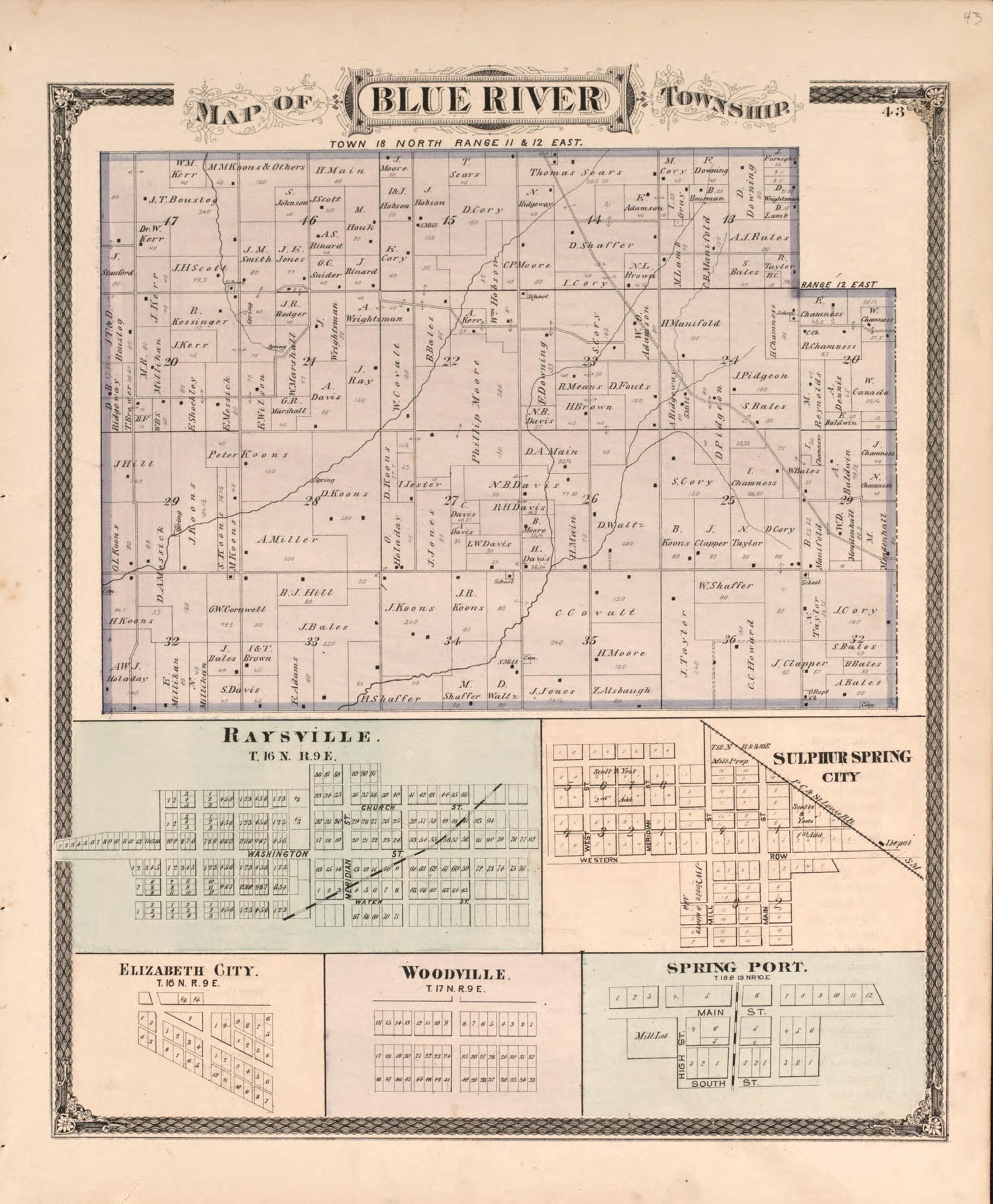 This old map of Blue River Township from Illustrated Historical Atlas of Henry County, Indiana from 1875 was created by Belden &amp; Company Higgins in 1875