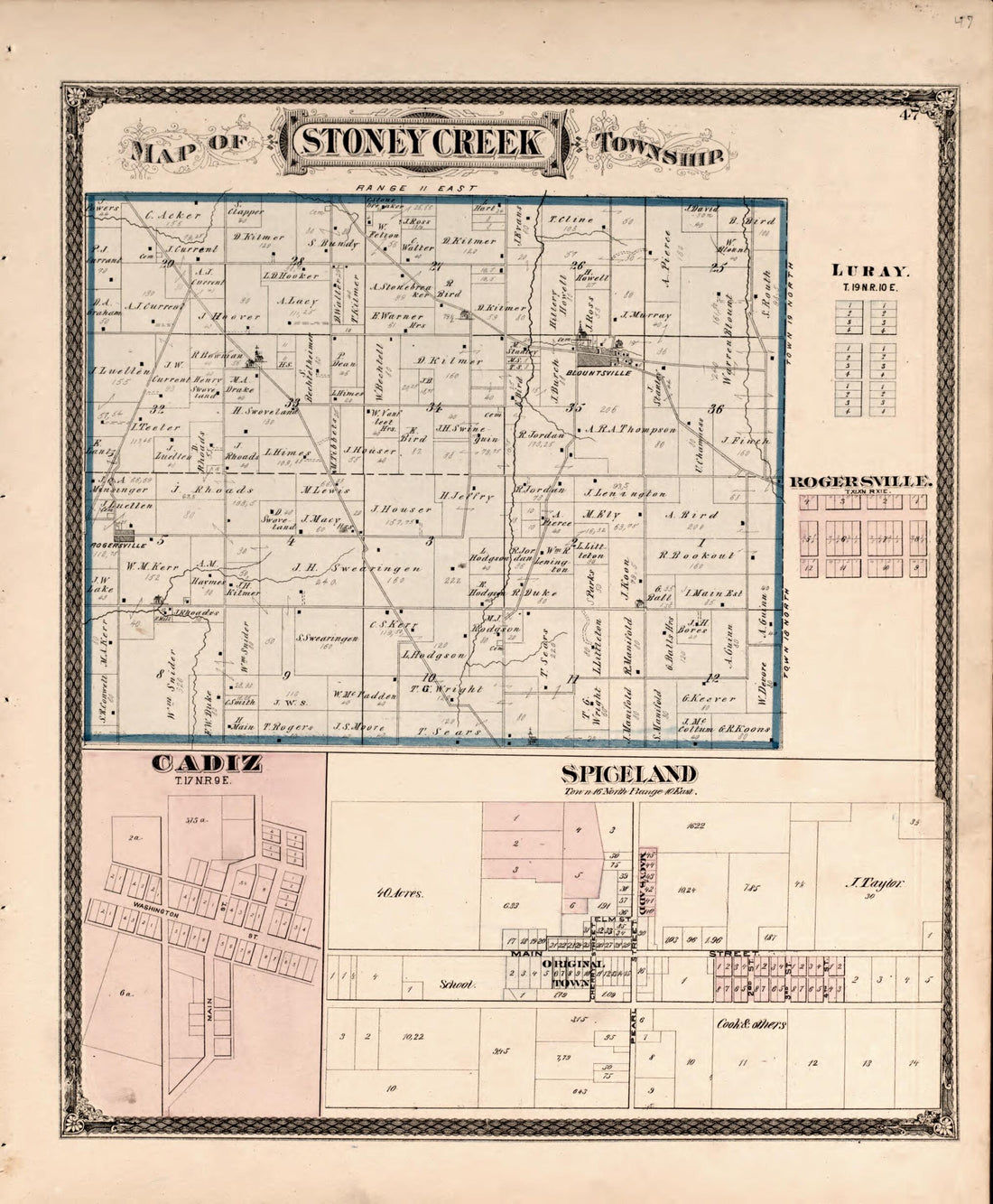 This old map of Stoney Creek, Spiceland, Cadiz Township from Illustrated Historical Atlas of Henry County, Indiana from 1875 was created by Belden &amp; Company Higgins in 1875