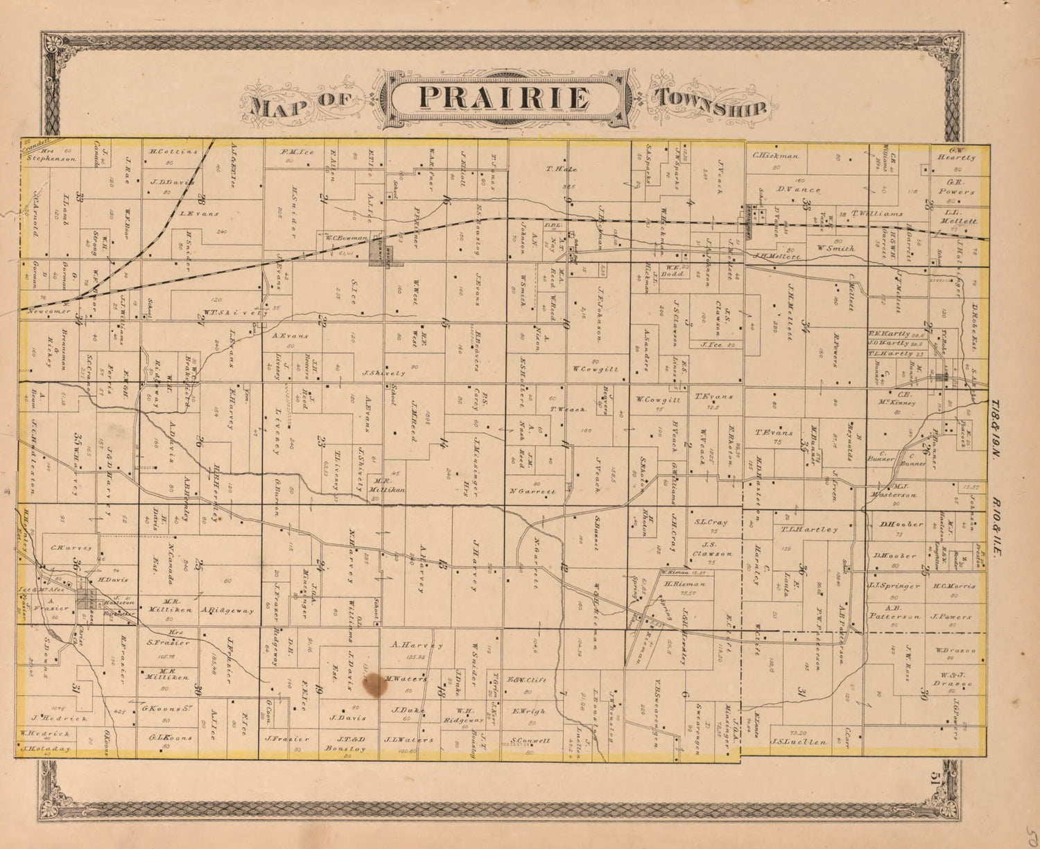 This old map of Prairie Township from Illustrated Historical Atlas of Henry County, Indiana from 1875 was created by Belden &amp; Company Higgins in 1875