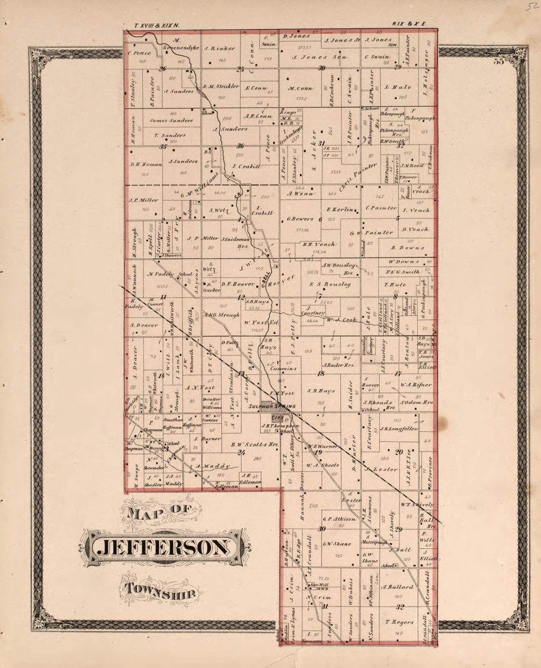 This old map of Jefferson Township from Illustrated Historical Atlas of Henry County, Indiana from 1875 was created by Belden &amp; Company Higgins in 1875