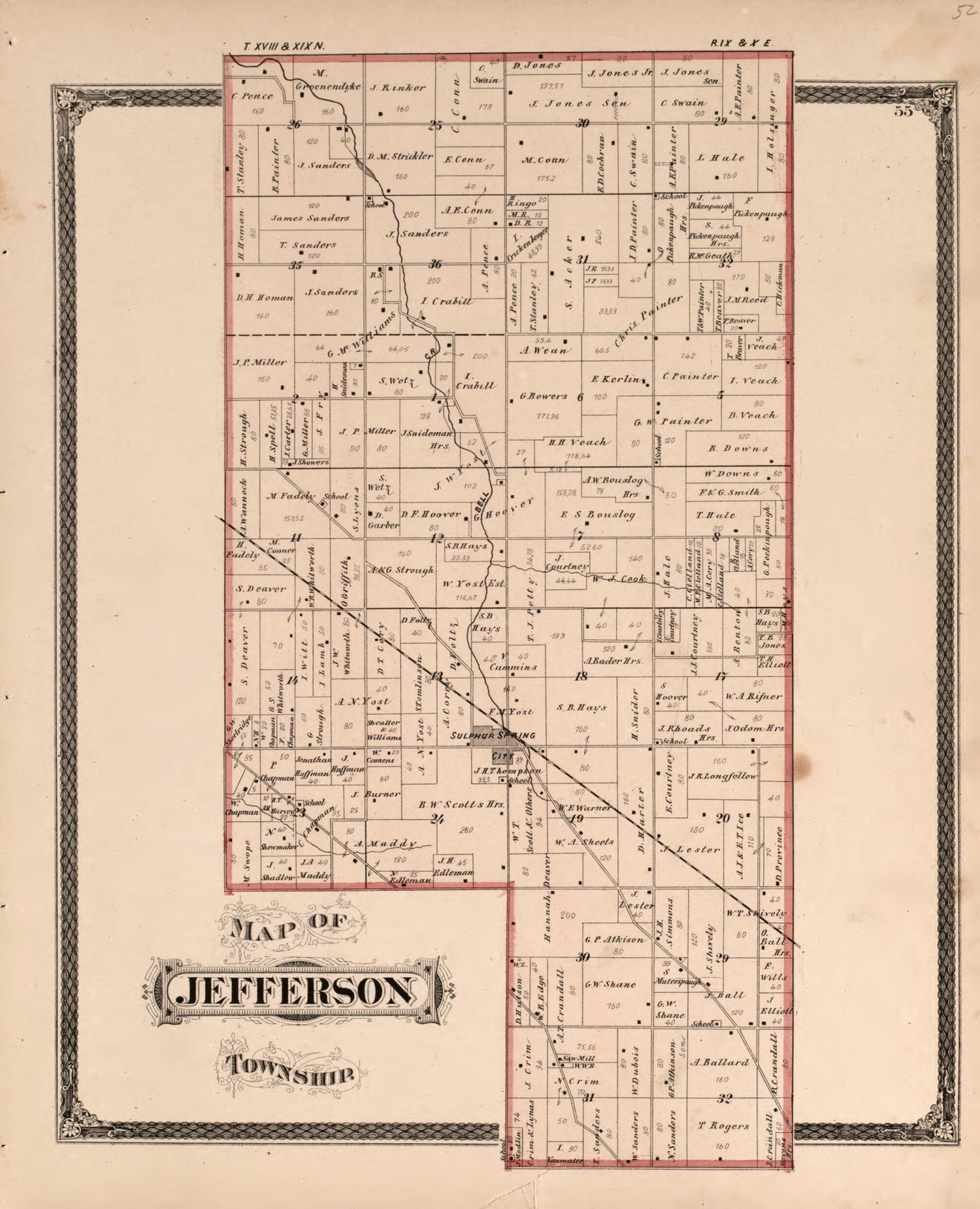 This old map of Jefferson Township from Illustrated Historical Atlas of Henry County, Indiana from 1875 was created by Belden &amp; Company Higgins in 1875