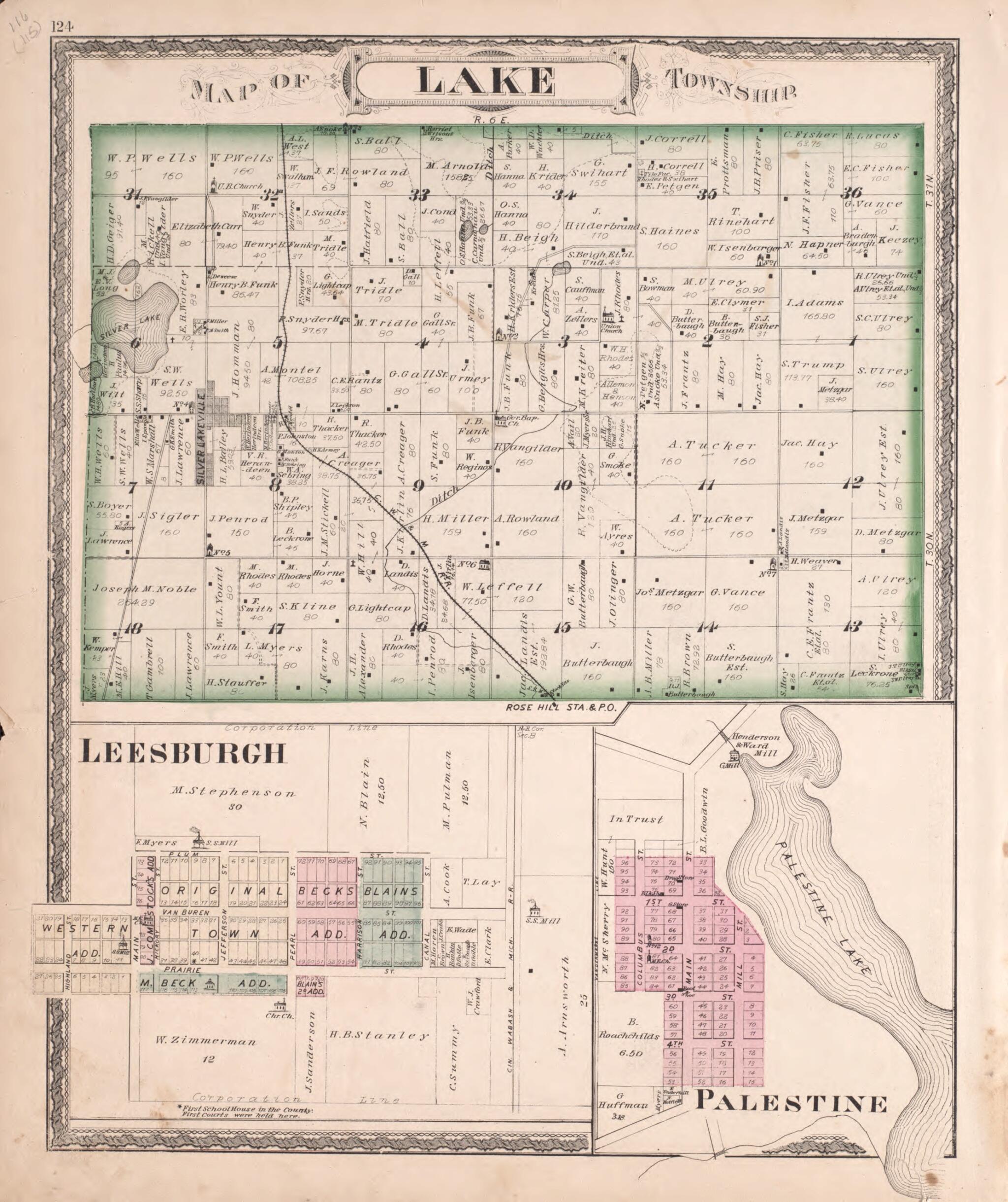 This old map of Lake, Leesburgh, &amp; Palestine from New Historical Atlas of Kosciusko Co., Indiana : from 1879 was created by  Kingman Brothers in 1879