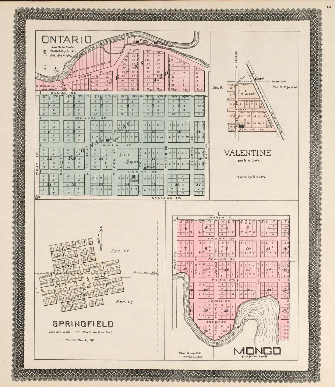 This old map of Ontario, Valentine, Springfield, Mongo from Illustrated Atlas and Columbian Souvenir of La Grange County, Indiana from 1893 was created by  Lagrange Publishing Company in 1893