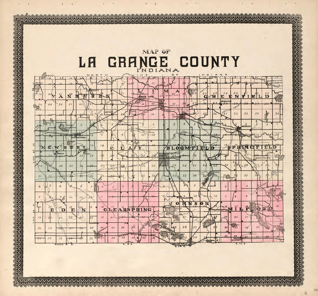 This old map of LaGrange County from Illustrated Atlas and Columbian Souvenir of La Grange County, Indiana from 1893 was created by  Lagrange Publishing Company in 1893
