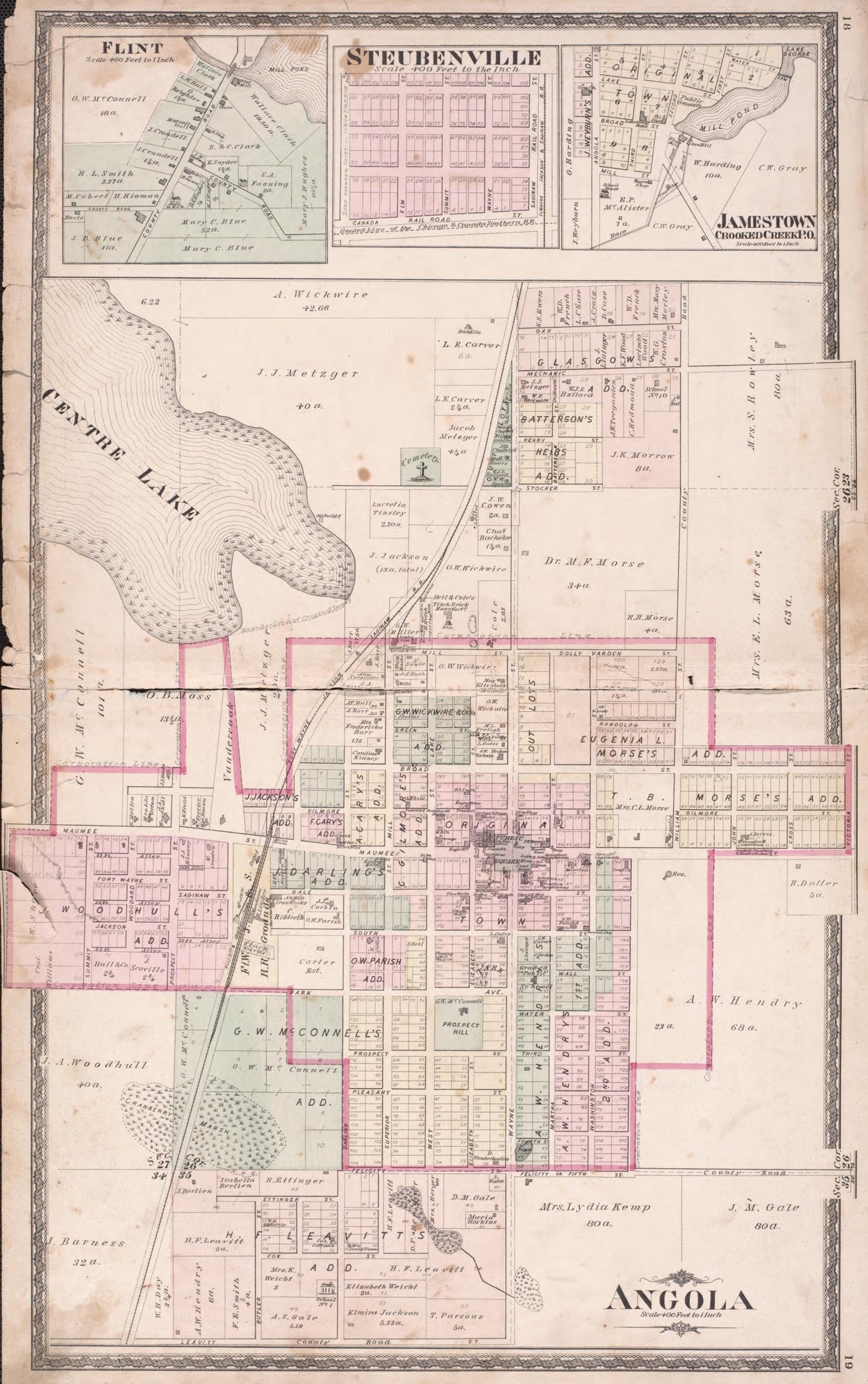 This old map of Flint, Steubenville, Jamestown, &amp; Angola from Illustrated Historical Atlas of Steuben County, Indiana from 1880 was created by  J.H. Beers &amp; Co in 1880