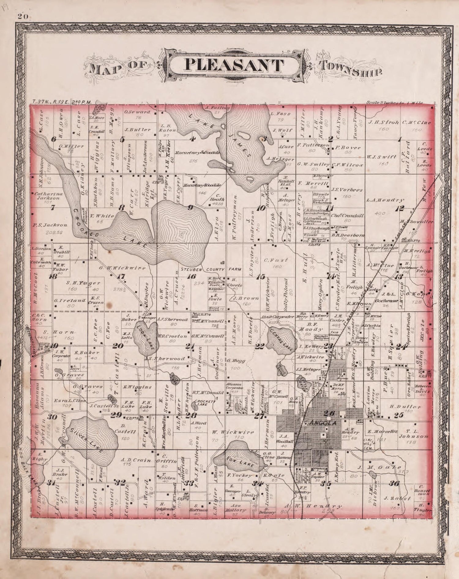 This old map of Pleasant Township from Illustrated Historical Atlas of Steuben County, Indiana from 1880 was created by  J.H. Beers &amp; Co in 1880
